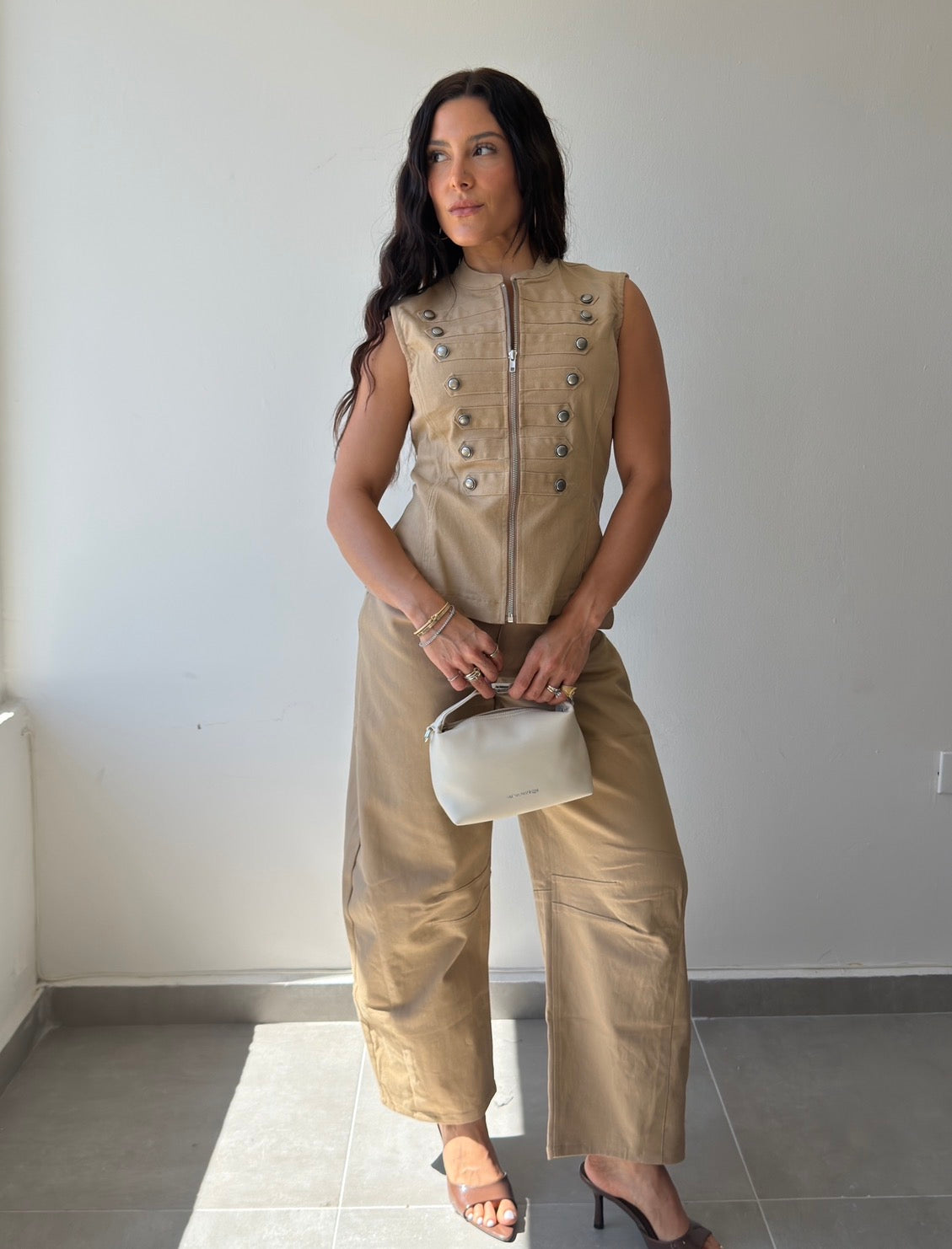 Taupe Button Detail Denim Set