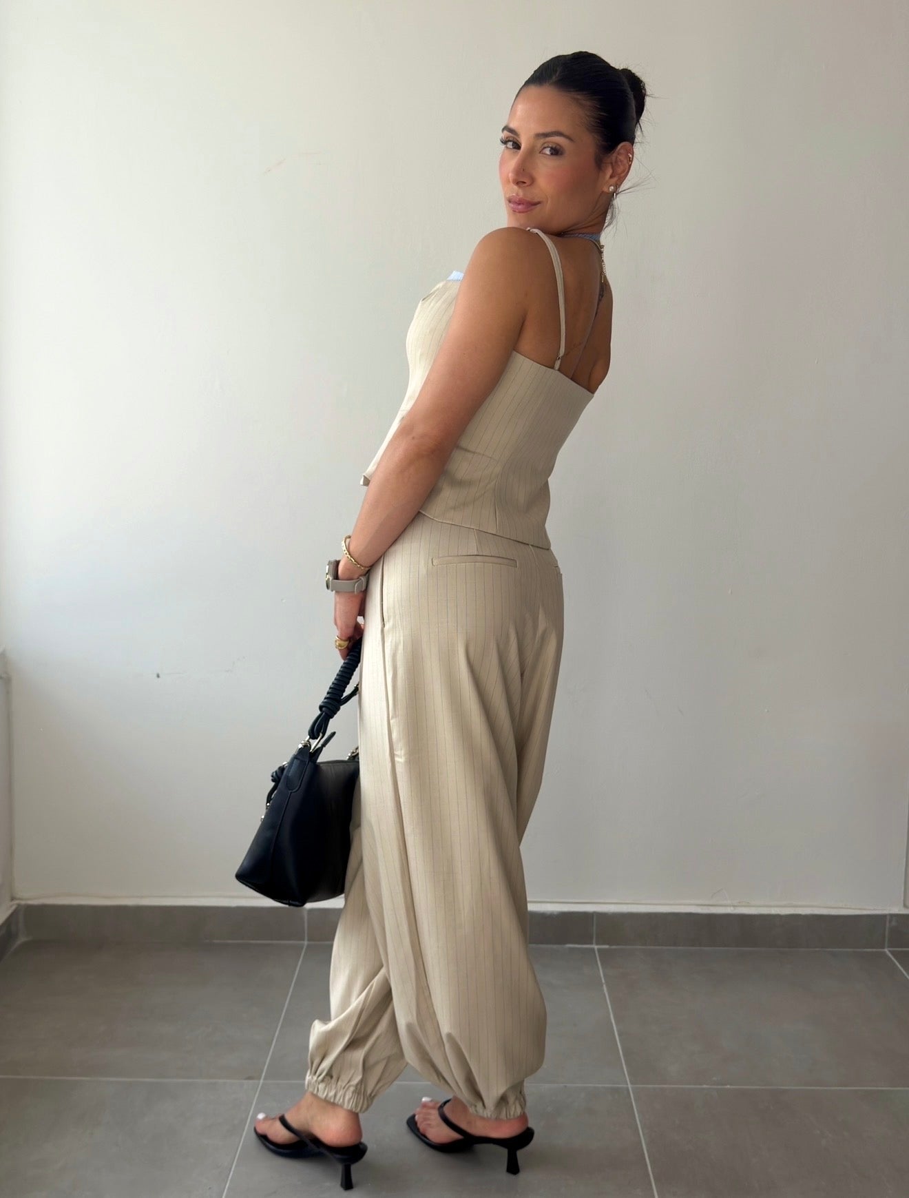 Beige Pinstriped Ballon Pant and Top Set