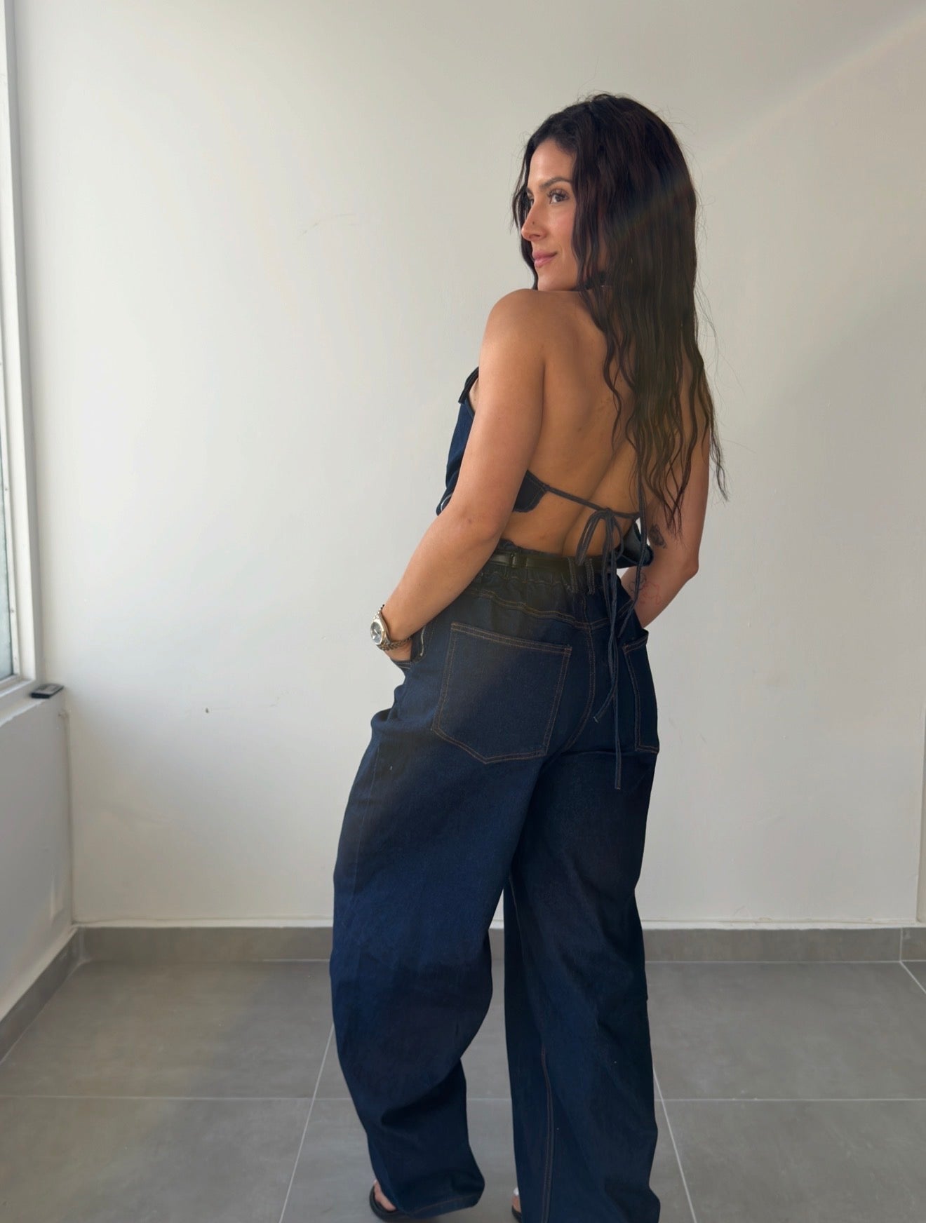 Dark Denim Open Back Jumpsuit