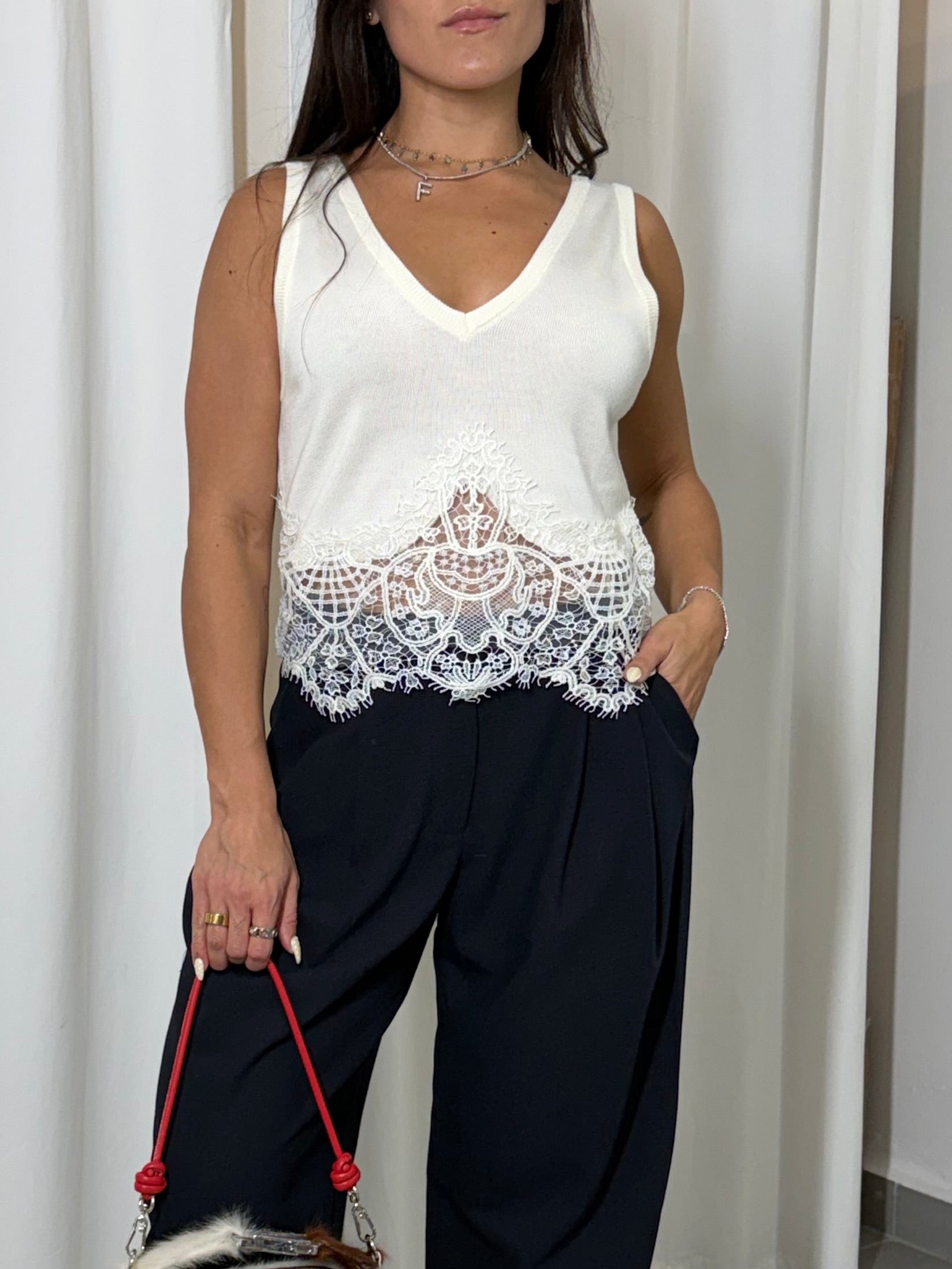 Knit Lace Sleeveless Top (Ivory)