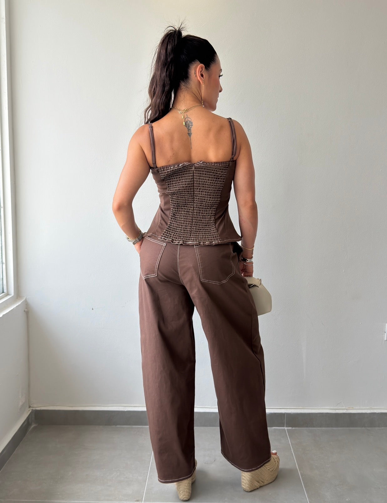 Brown Peplum Top and Barrel Pants Set