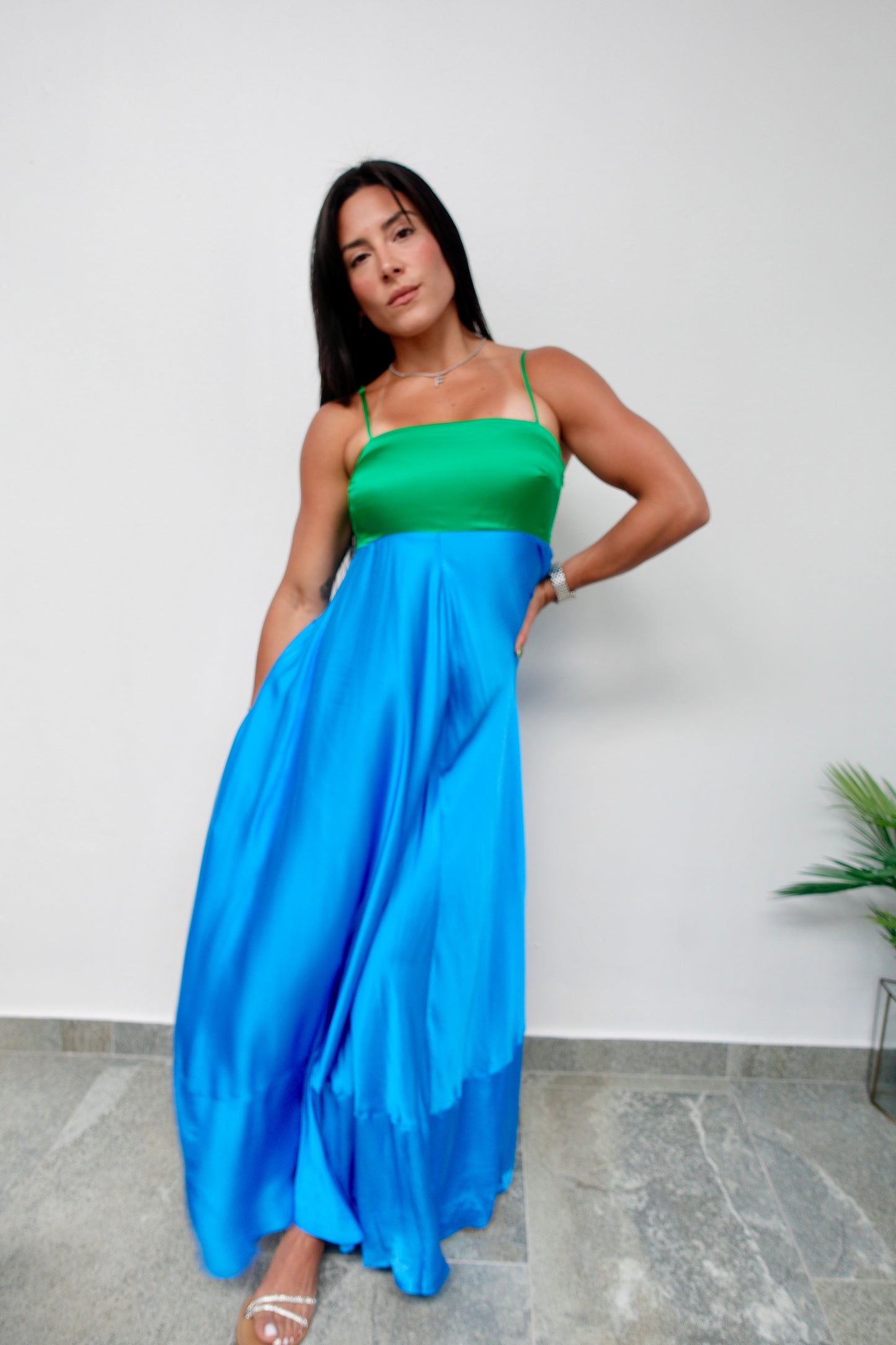 1 SMALL! Green & Blue Satin Maxi Dress