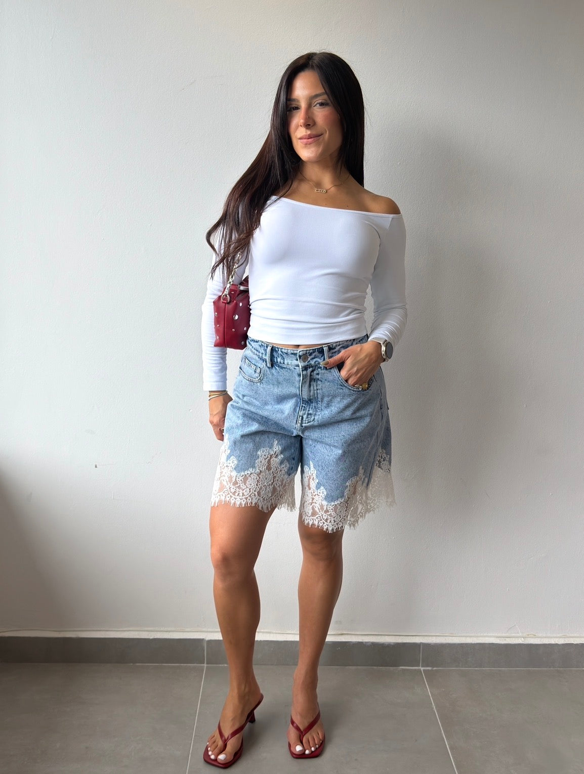 Lace Hem Denim Shorts