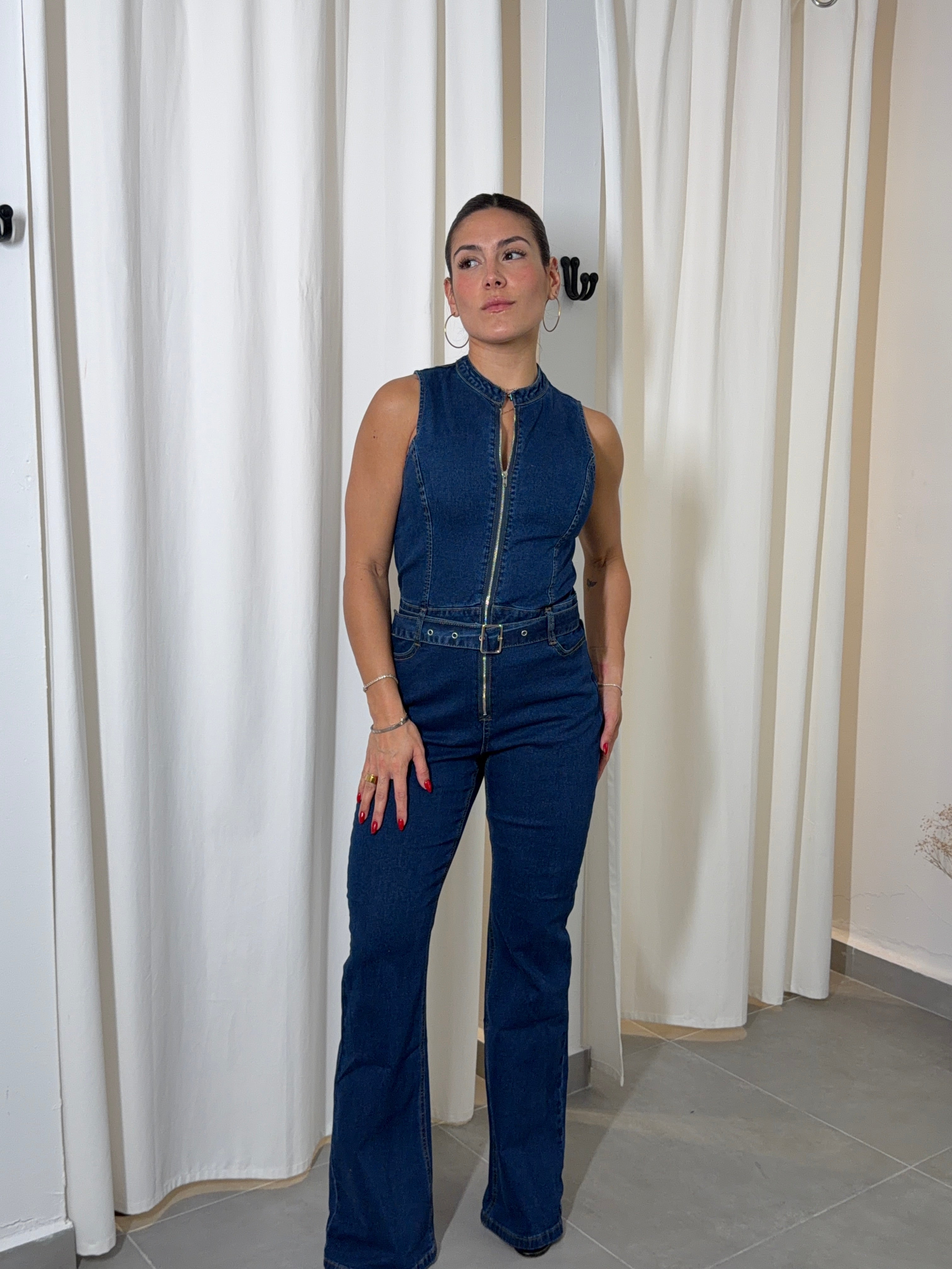 Denim Zip Up Flare Jumpsuit