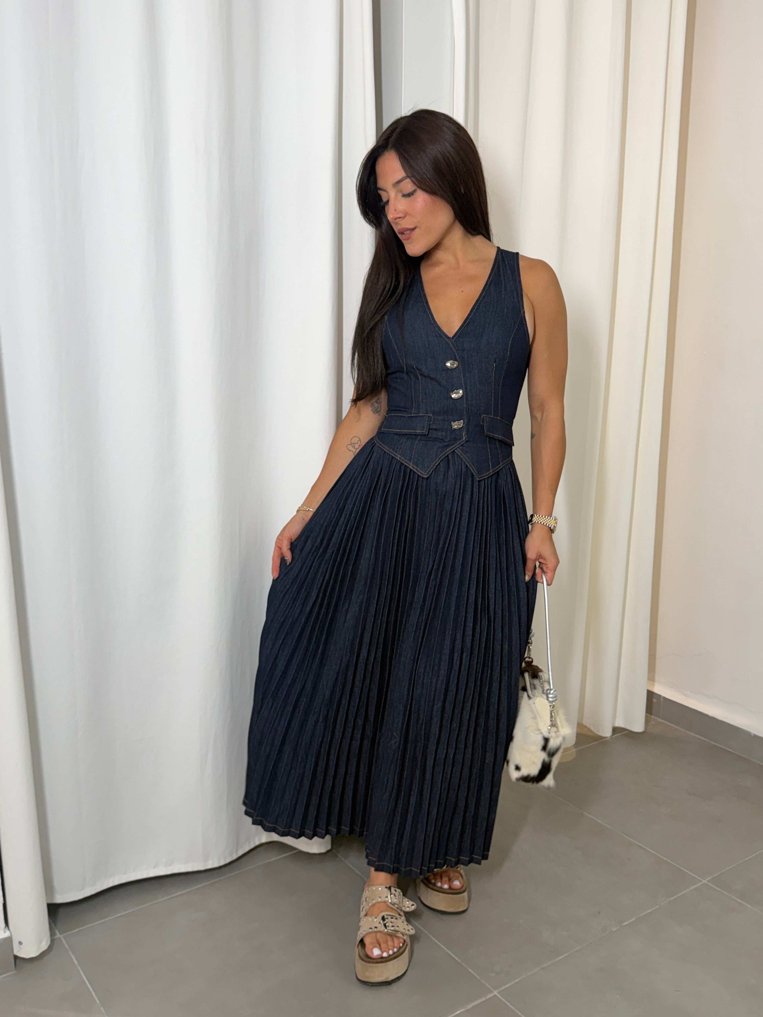 Dark Denim Pleated Dress