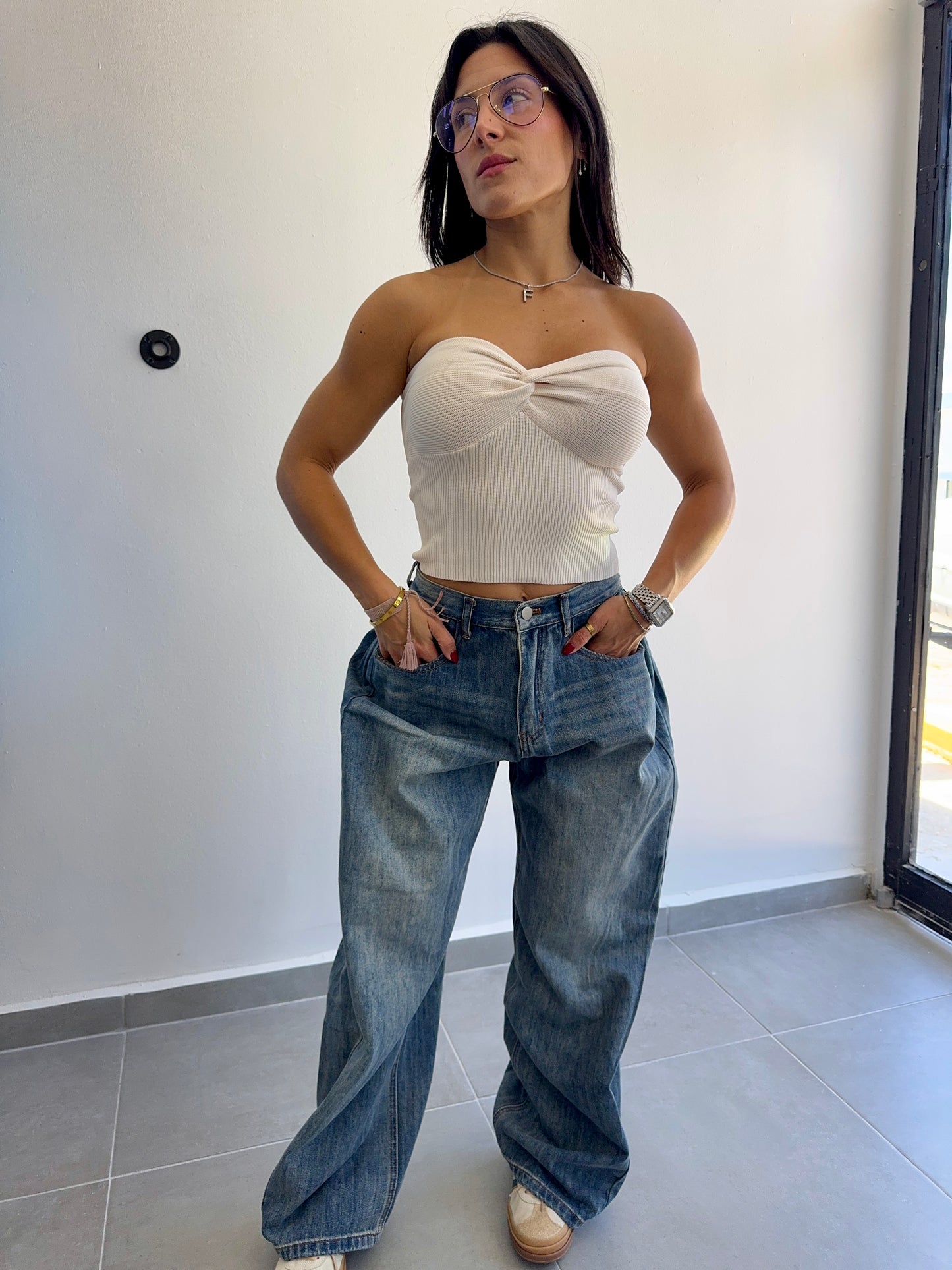 1 MEDIUM! Twisted Tube Top-Ecru