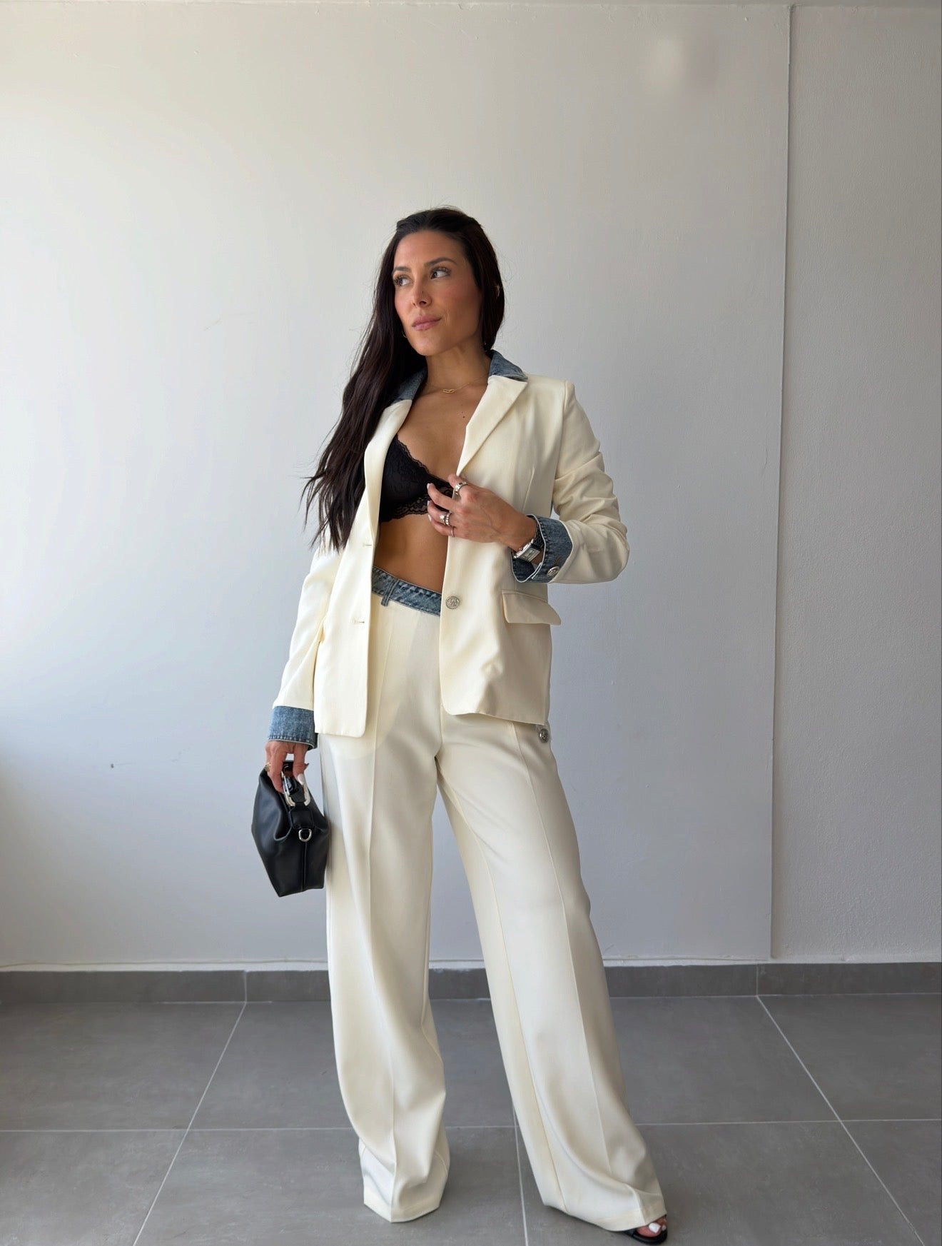Denim Contrast Ivory Blazer and Trousers Set