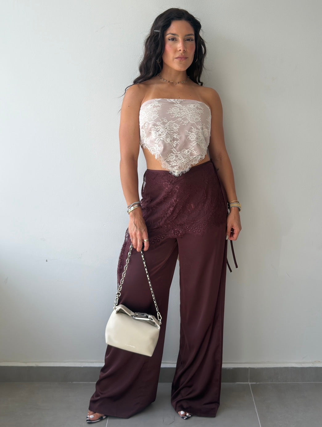 Burgundy Lace Overlay Satin Pants