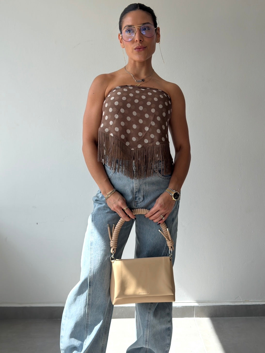 Brown Polka Fringes Scarf Top