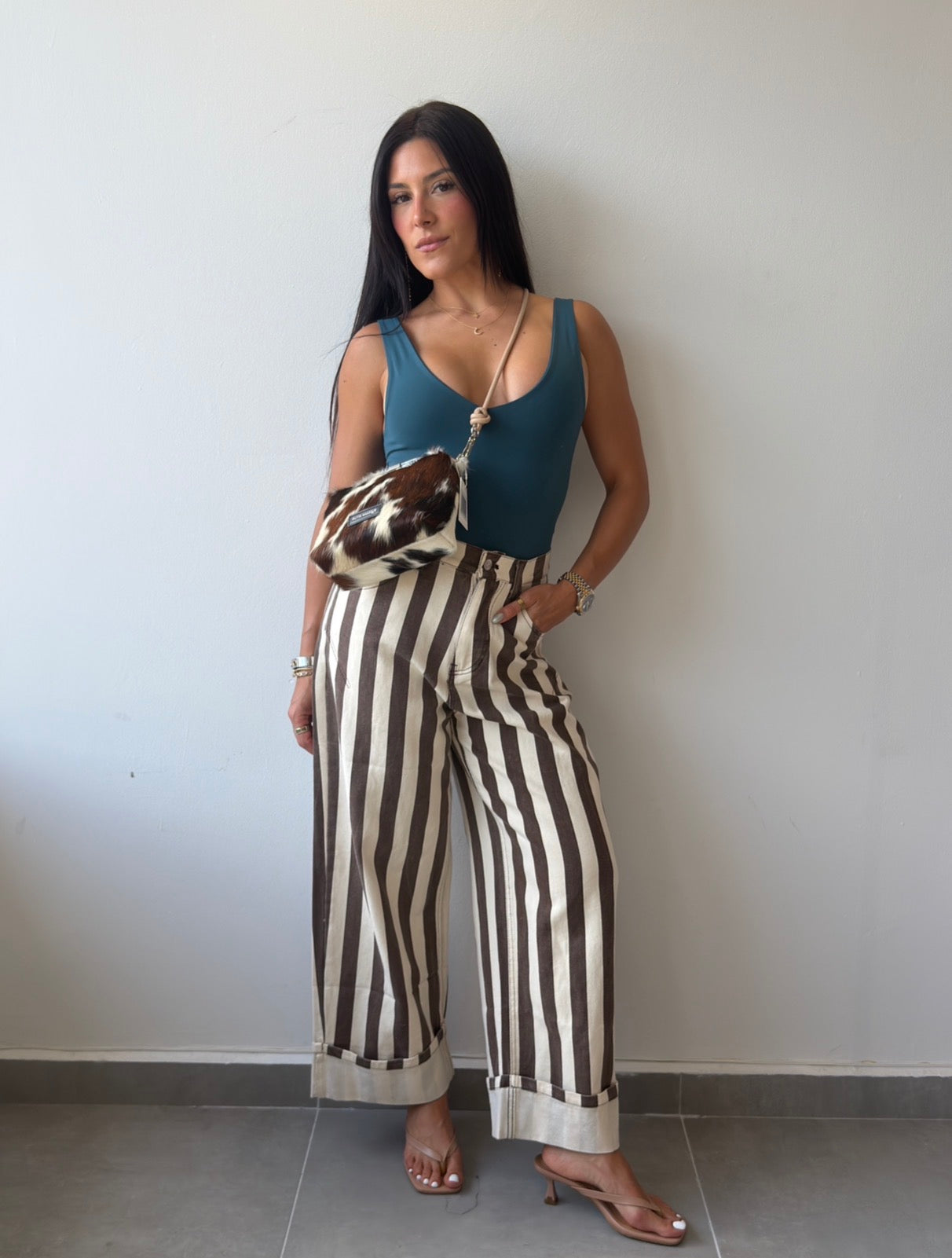 Stripe Rolled Up Barrel Jeans