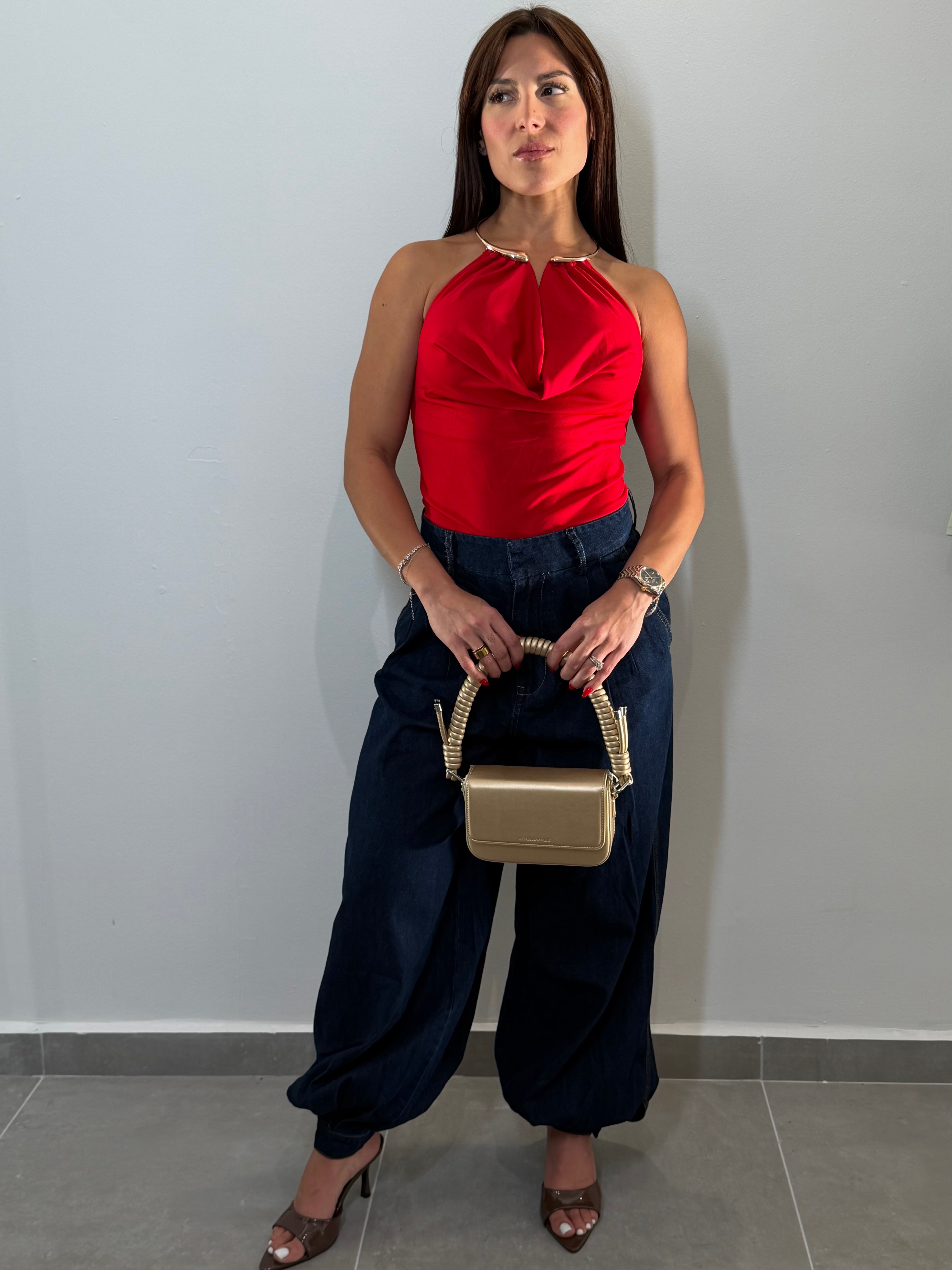 Metal Detail Cowl Neck Top (Red)