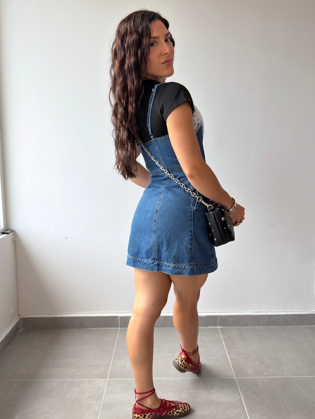 Denim Dress with Lace Detail