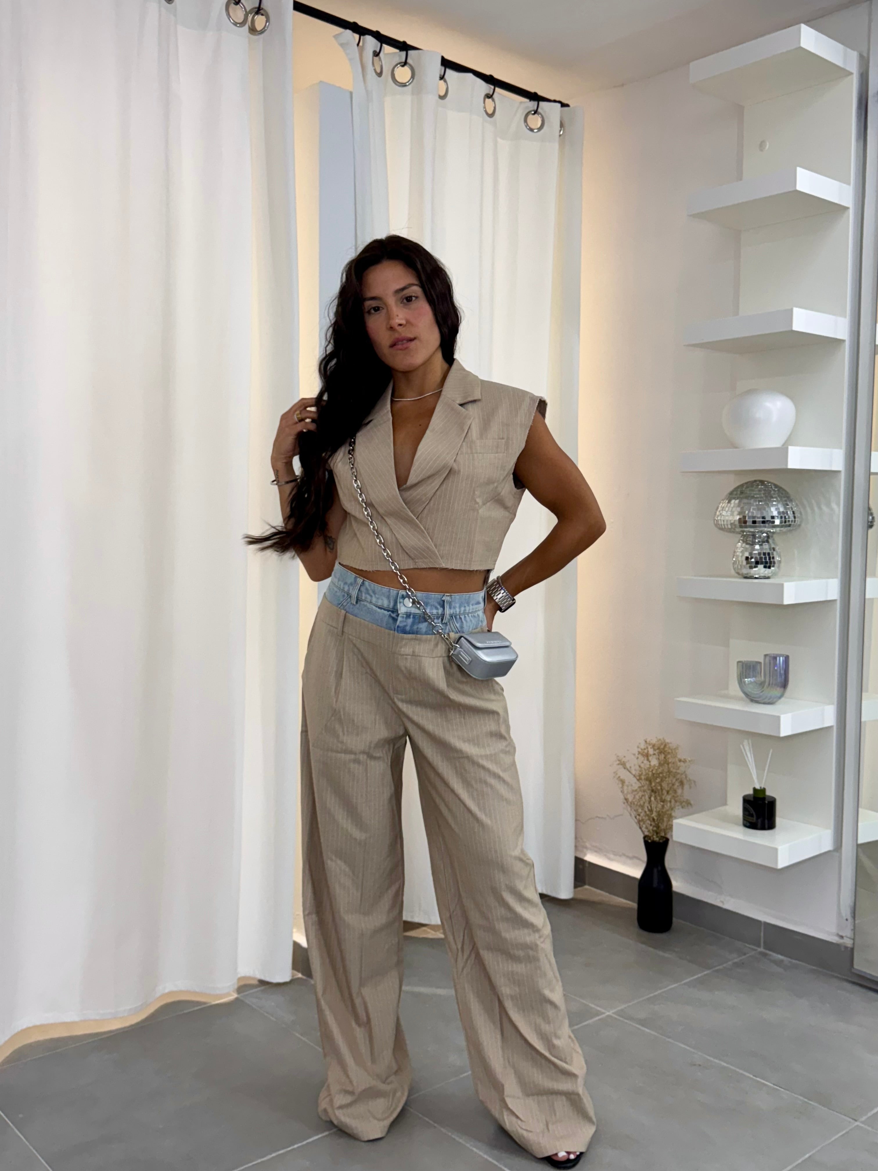 Denim Waistband Beige Trousers