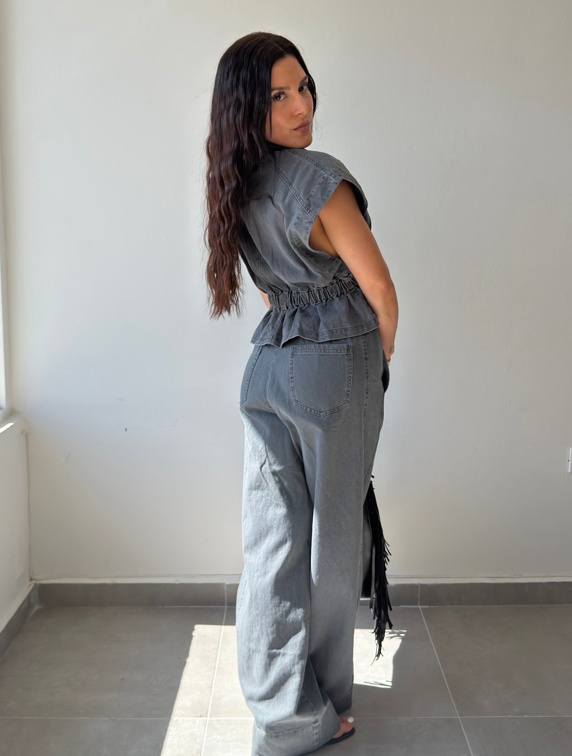 Blue Grey Vest And Wide Leg Denim Set (RESTOCK)