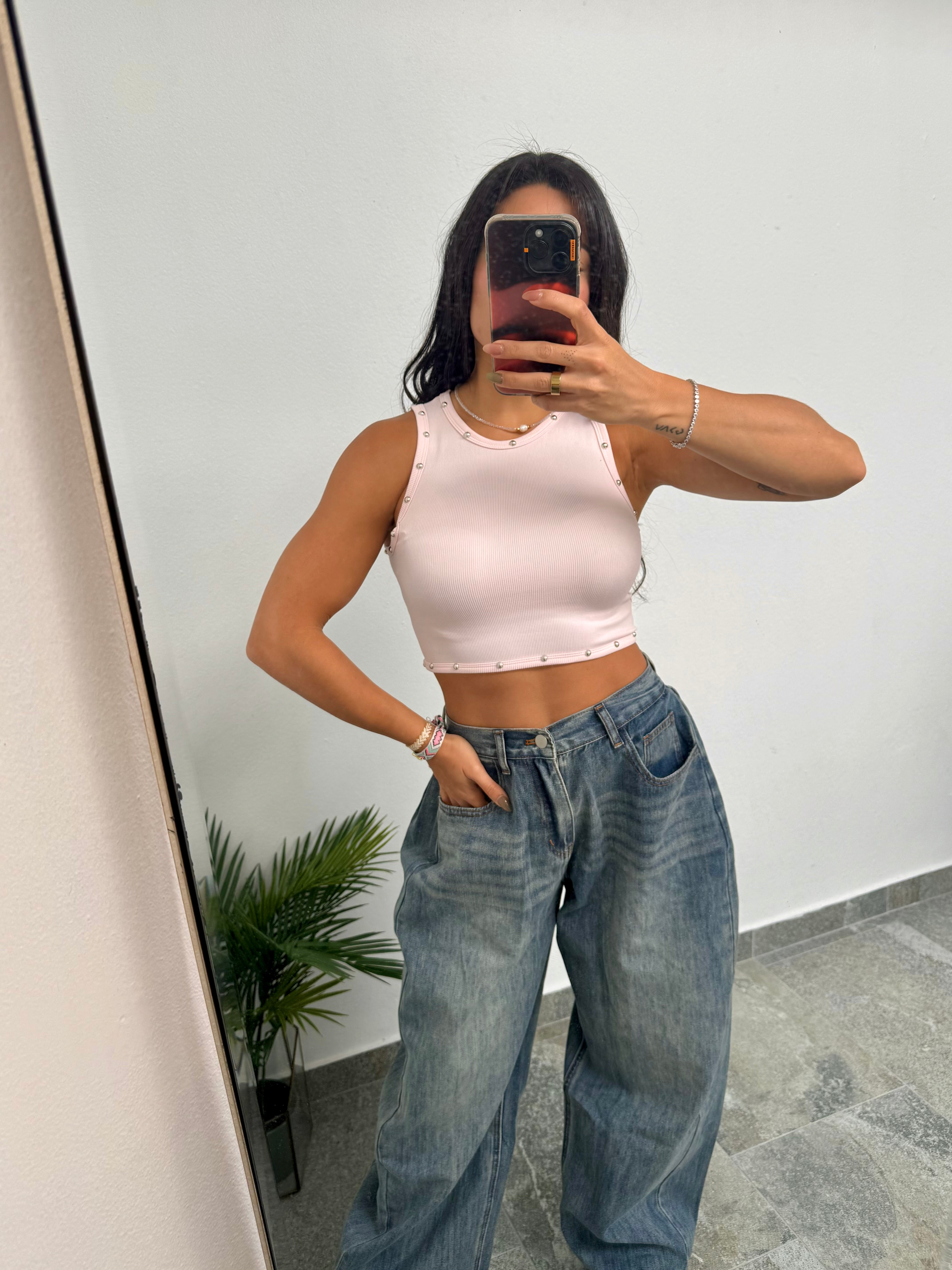 Powder Pink Beaded Basic Top