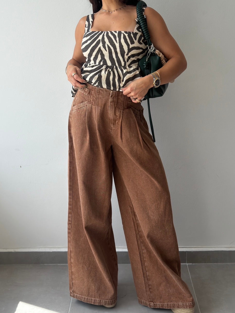 Brown Washed High Waist Wide Jeans