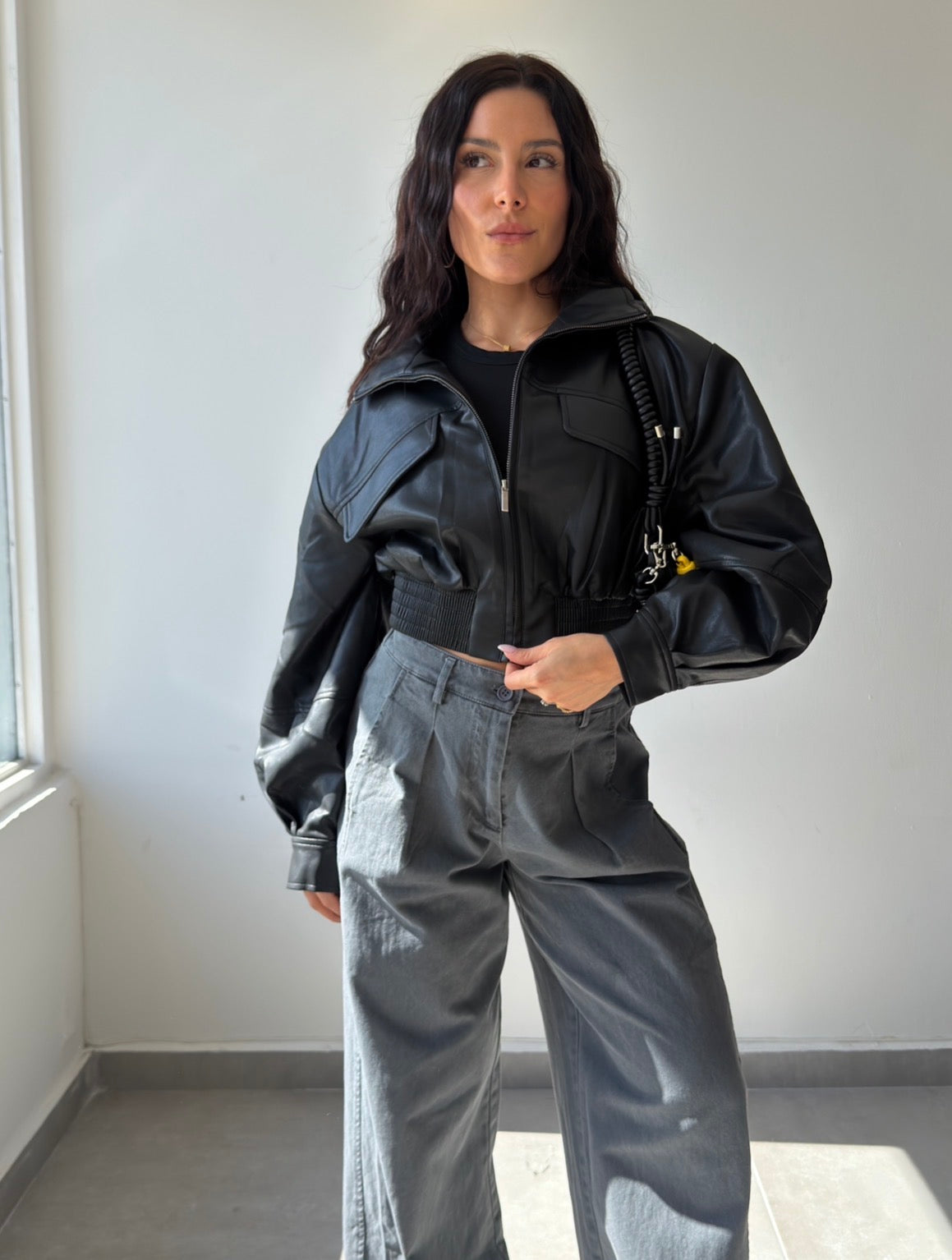 Black Leather Cropped Jacket