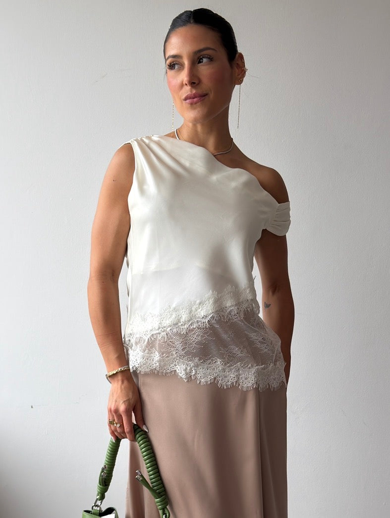 Ivory Satin Lace Asymmetric Top