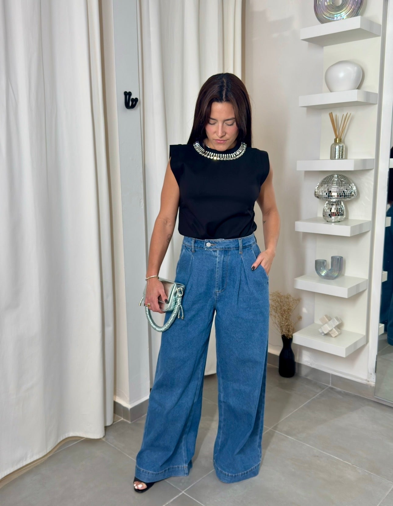 Rhinestone Embroidered Neck Top