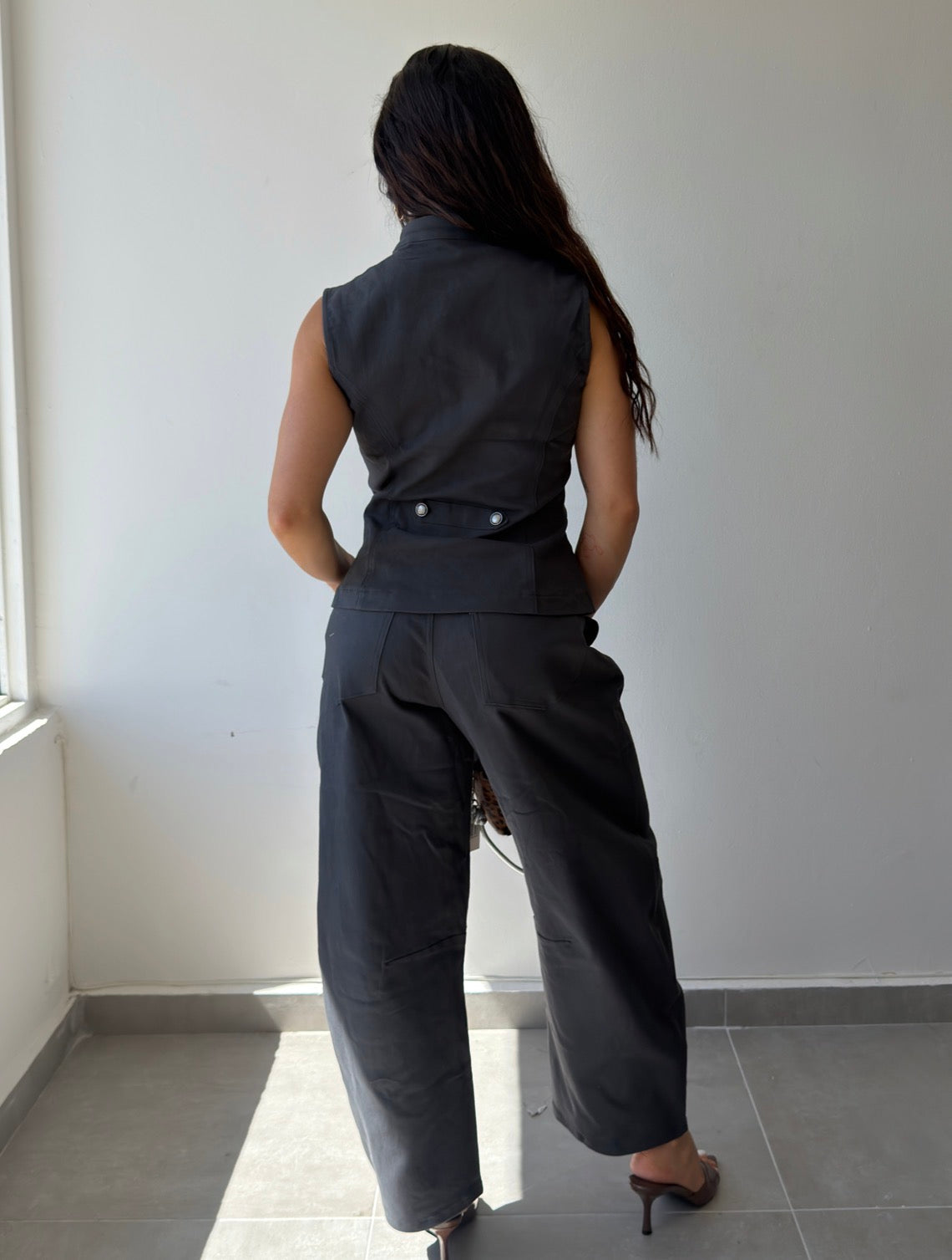 Charcoal Button Detail Denim Set
