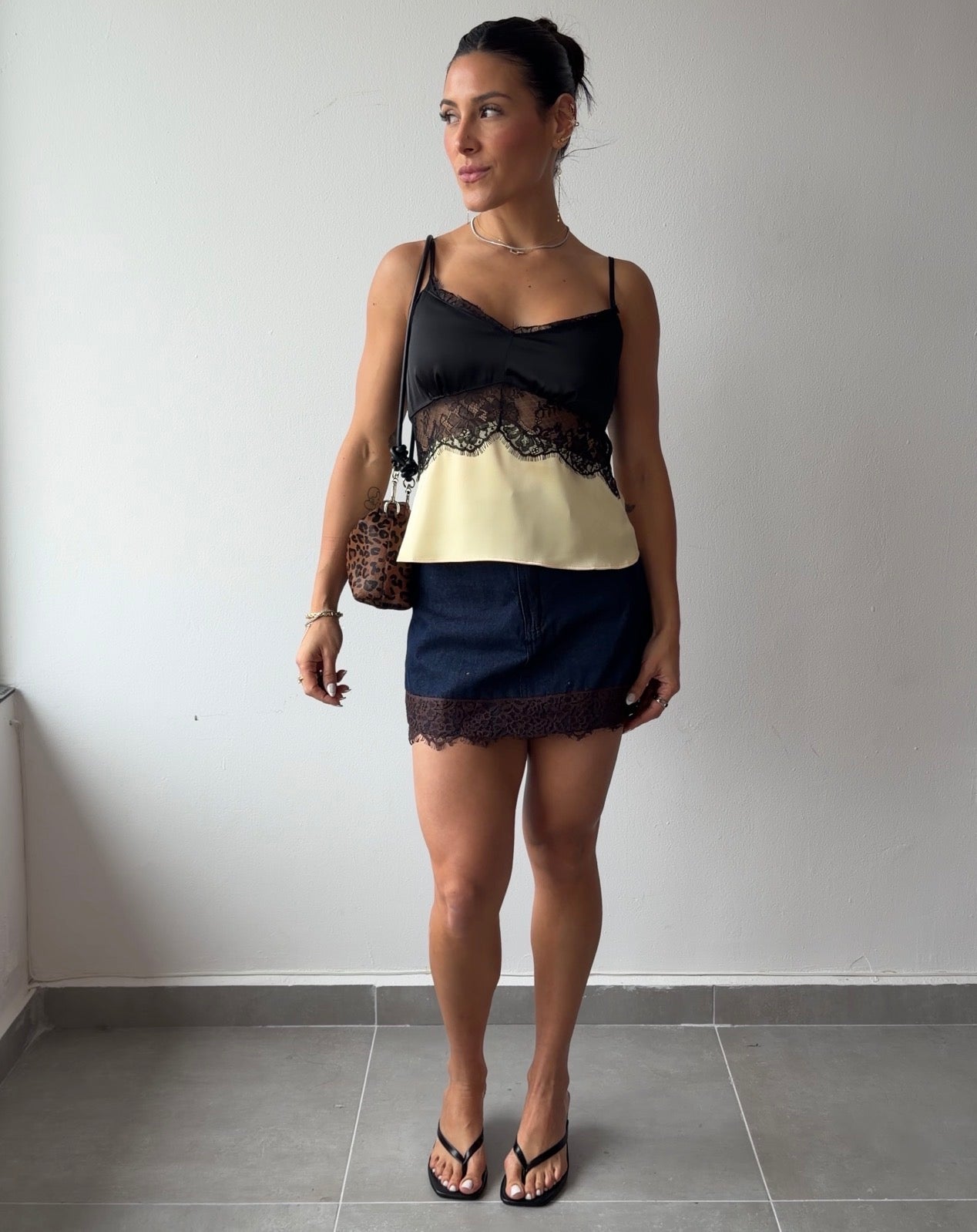 Lace Trim Denim Skirt
