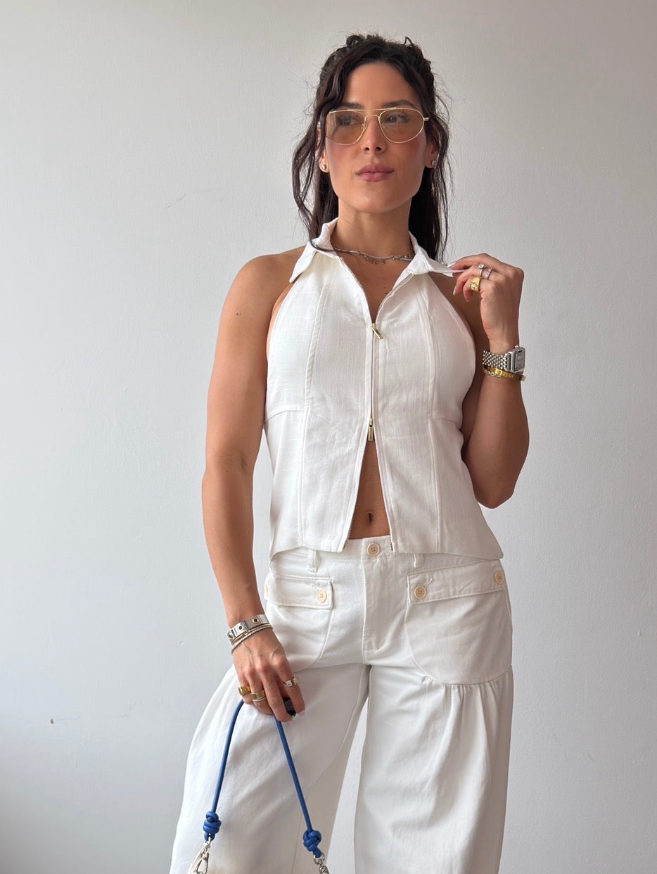 Linen Zipper Open Back Top