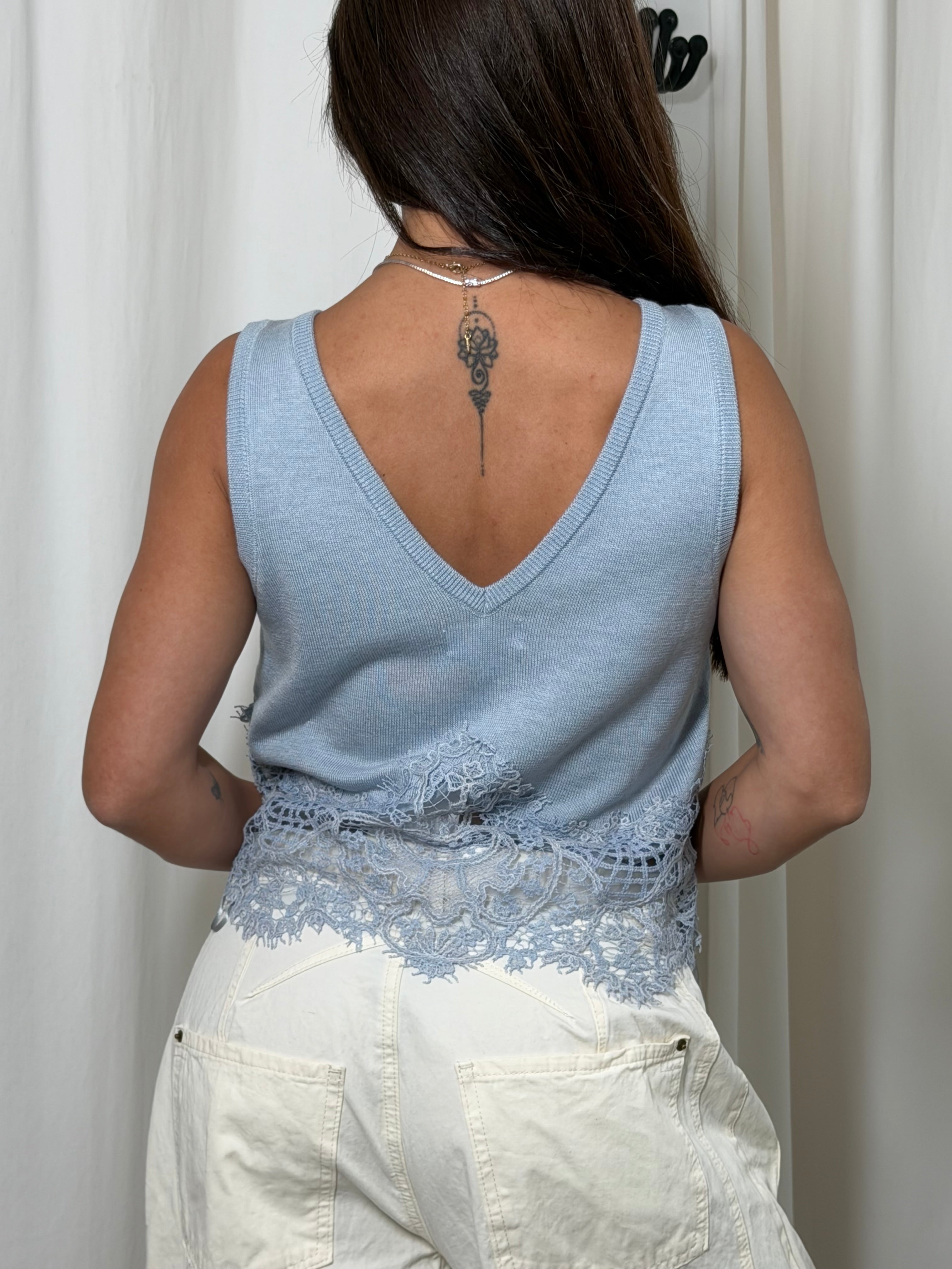 Knit Lace Sleeveless Top (Dusty Blue)