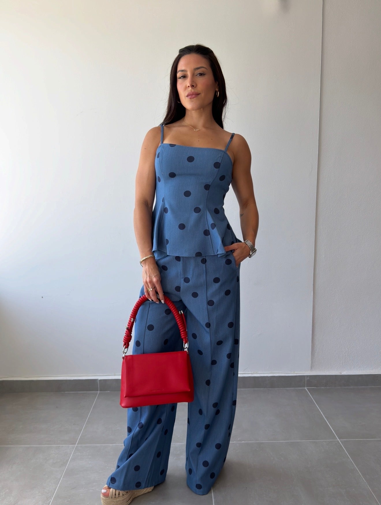 Polka Peplum Top and Trousers Set