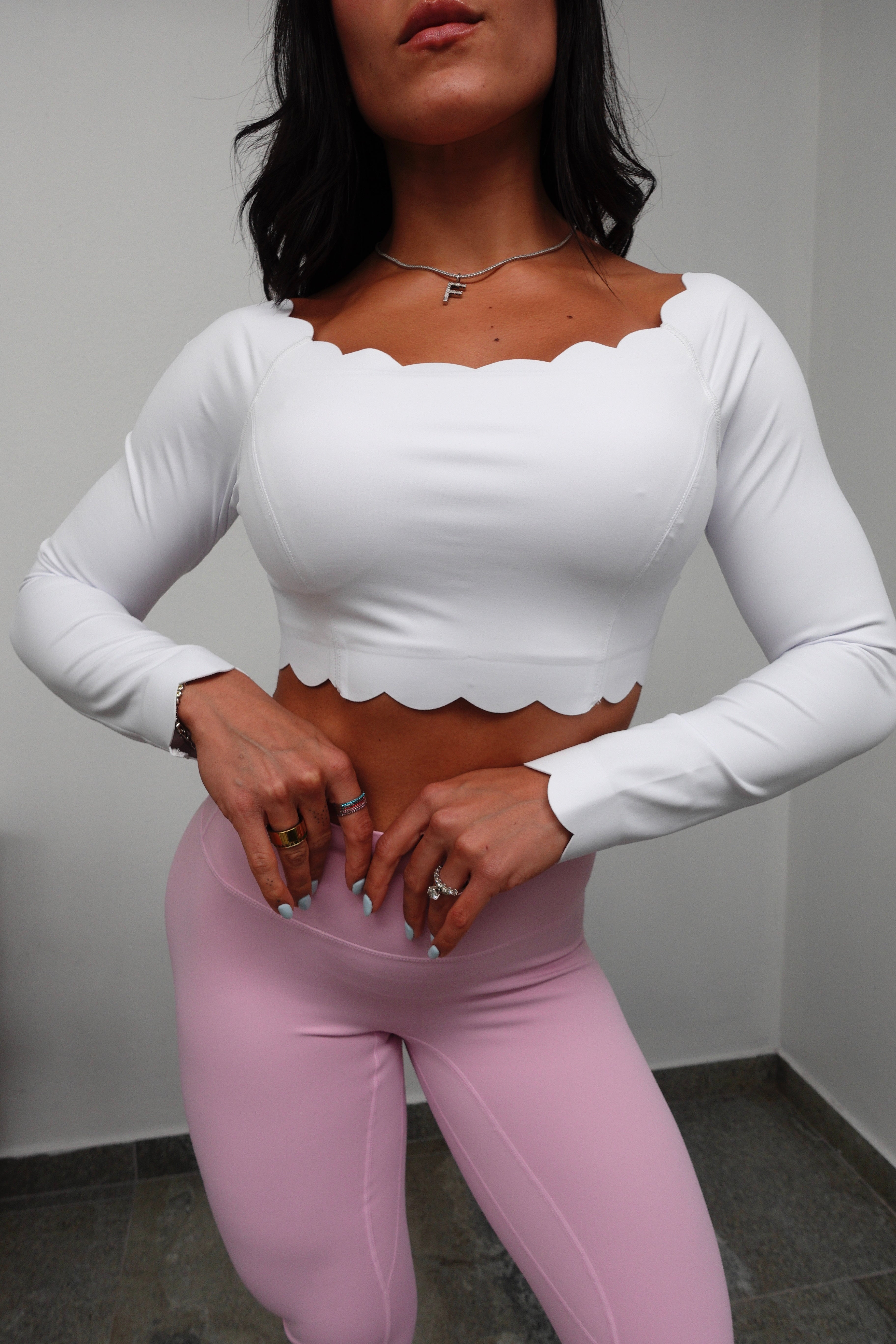 Scallops Long Sleeve Top-White