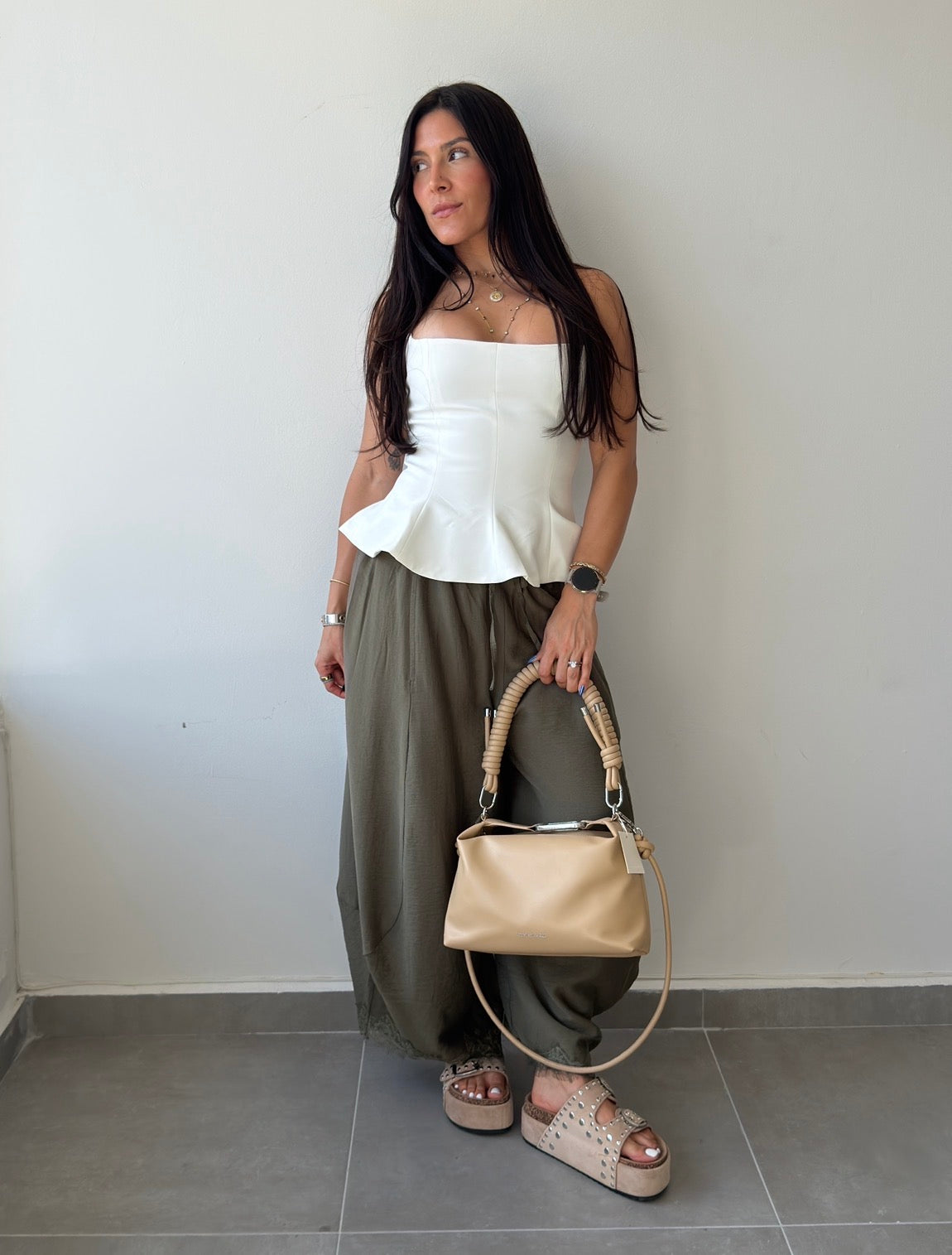 Olive Lace Trim Pants
