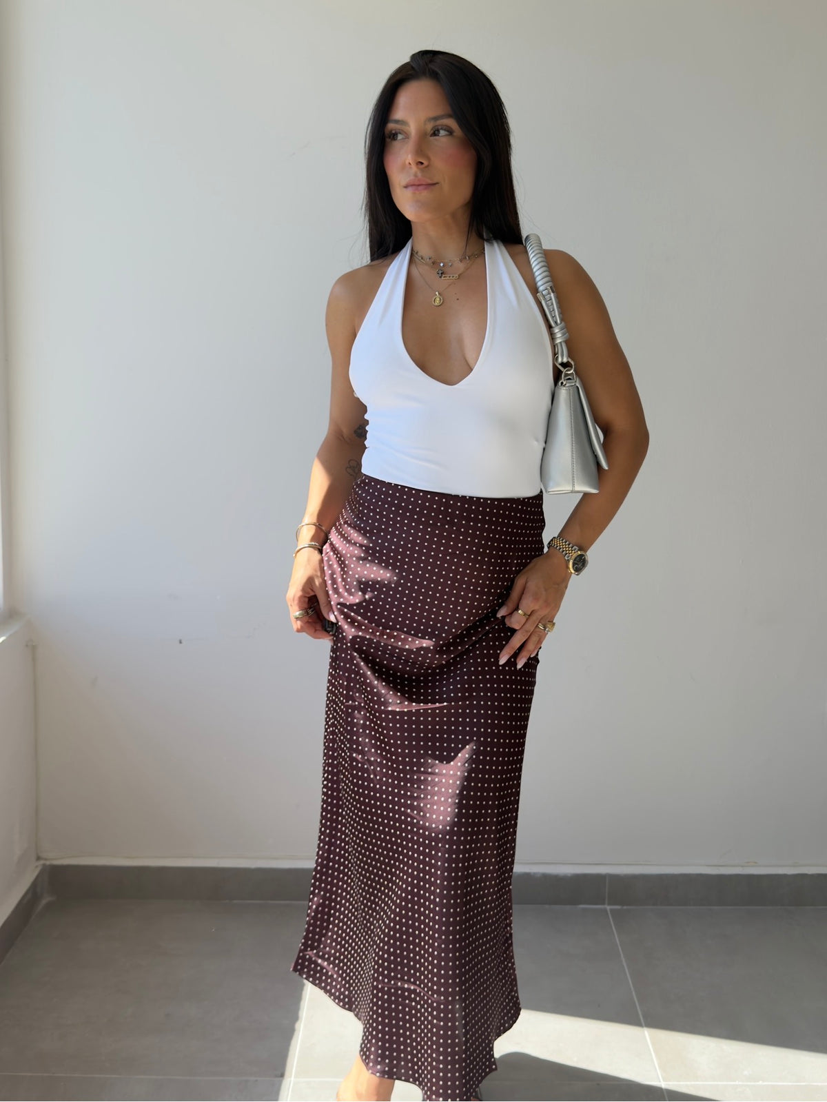 Plum Polka Satin Skirt