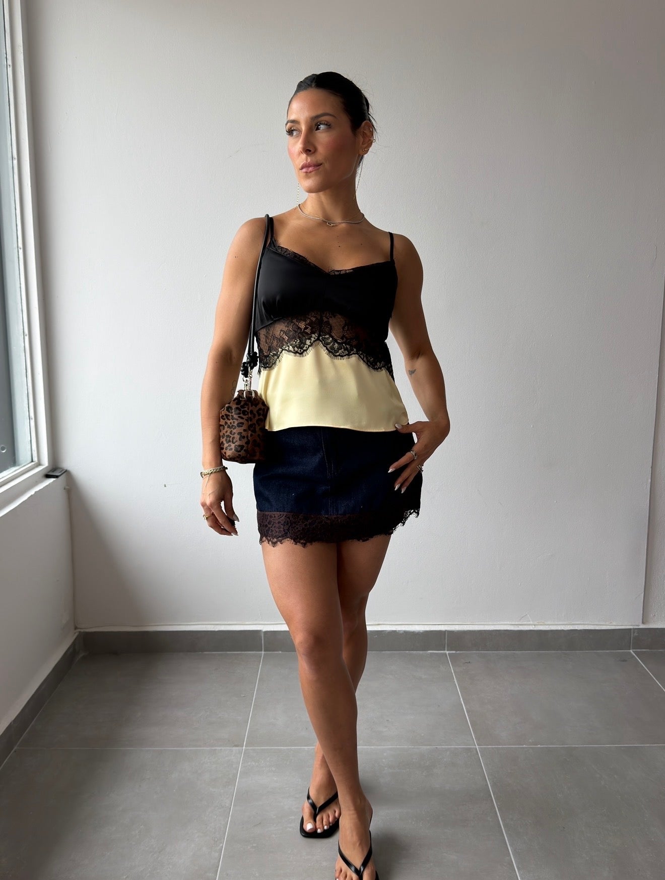 Yellow Black Lace Top