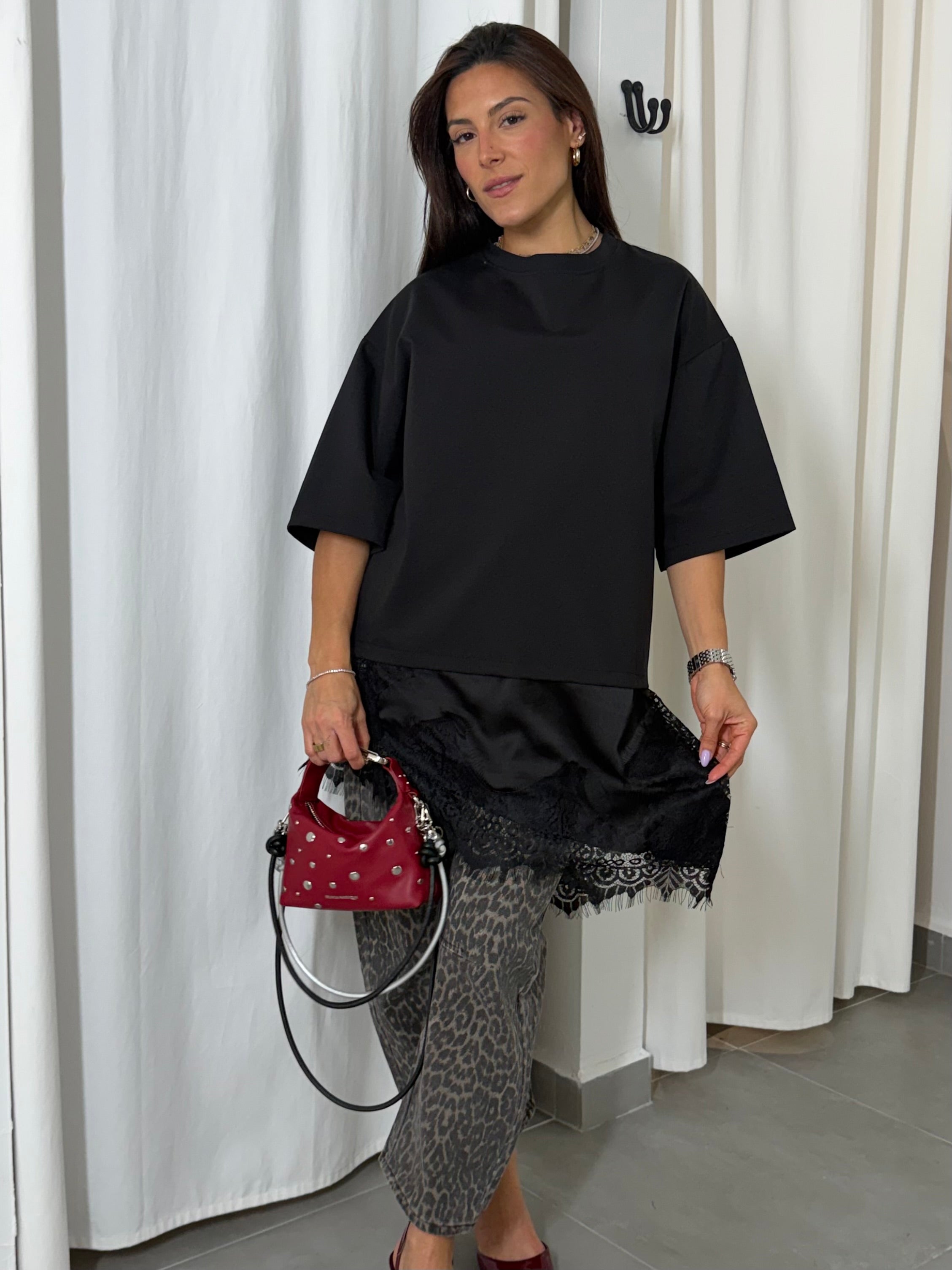 Black Satin Lace T Shirt