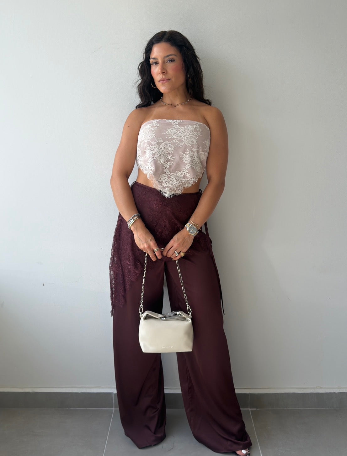 Burgundy Lace Overlay Satin Pants