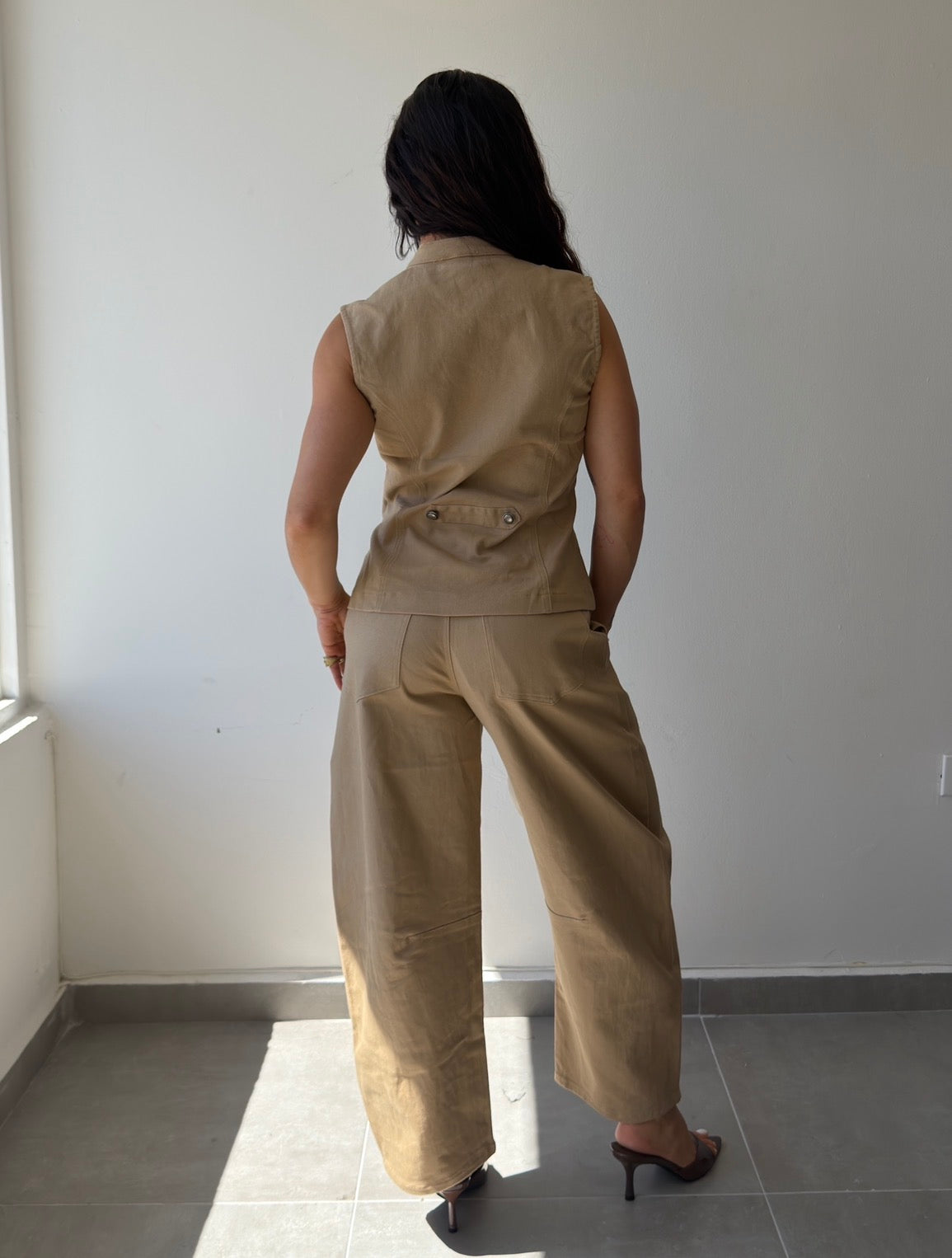 Taupe Button Detail Denim Set