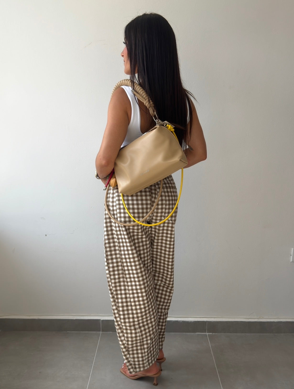 Taupe Gingham Barrel Pants