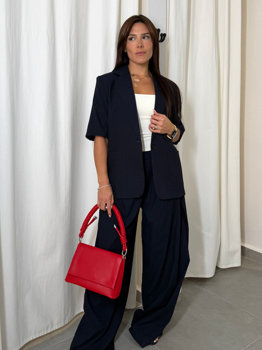 Navy Blazer and Wide Leg Pants Set