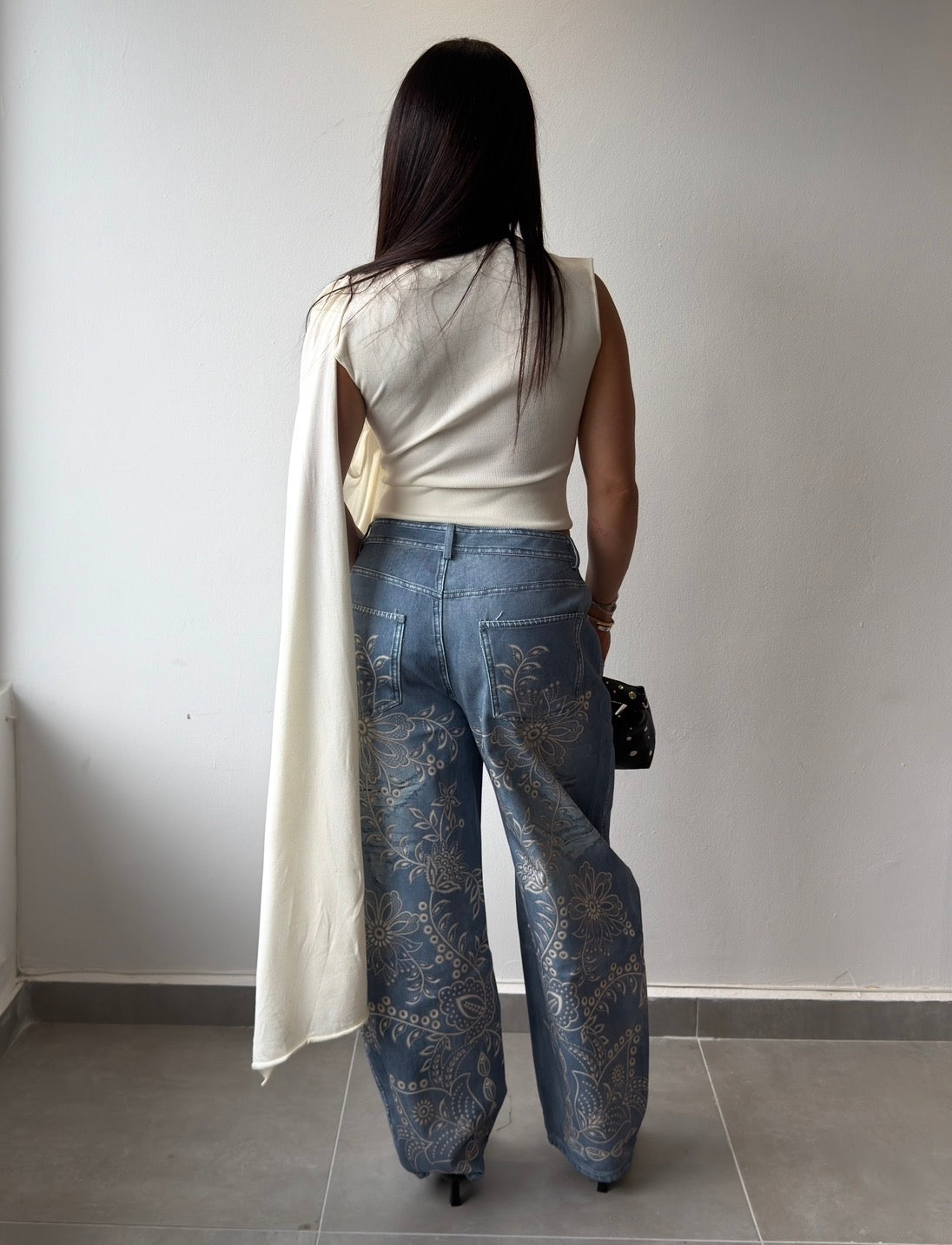 Indigo Embroidered Print Barrel Pants
