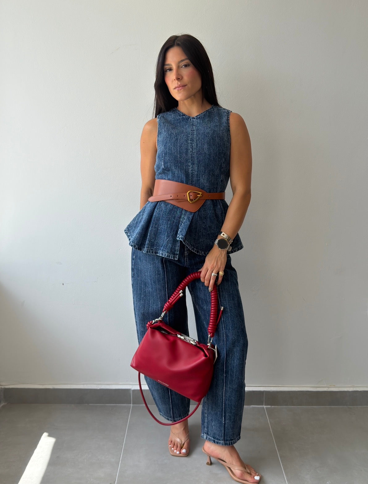 Denim Striped Peplum Top Barrel Jeans Set