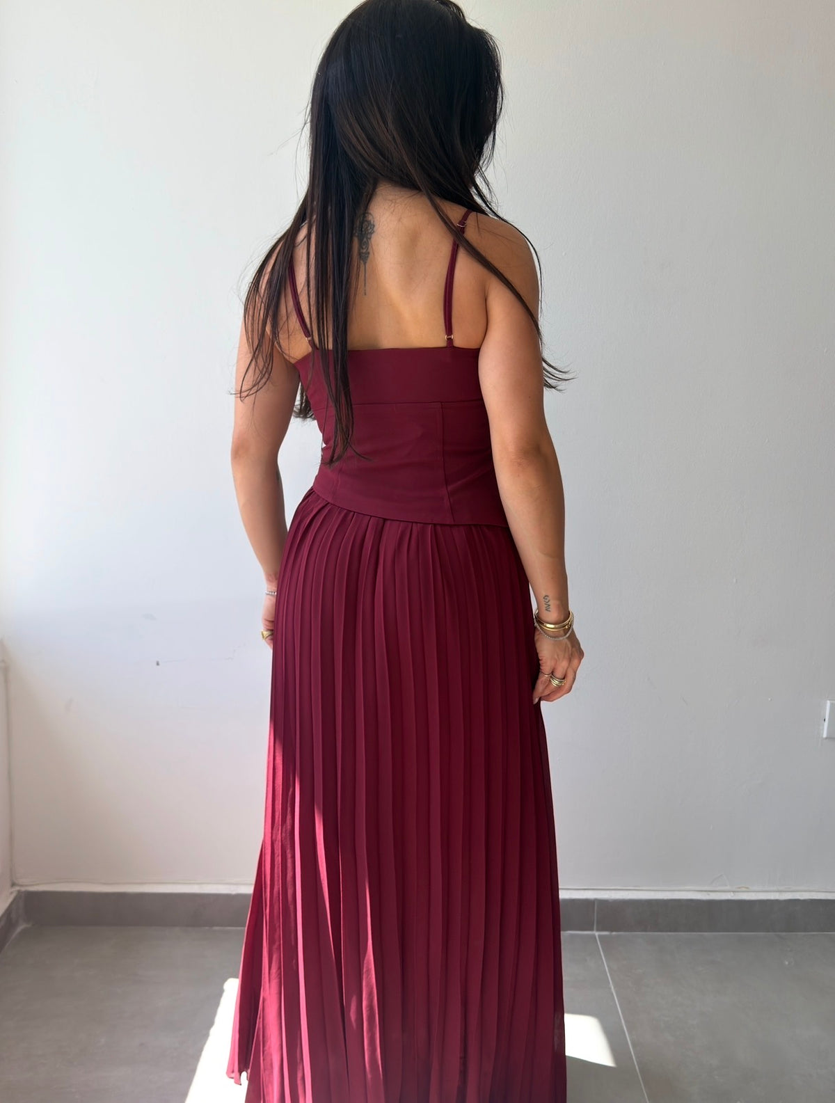 Burgundy Pleated Midi Dress
