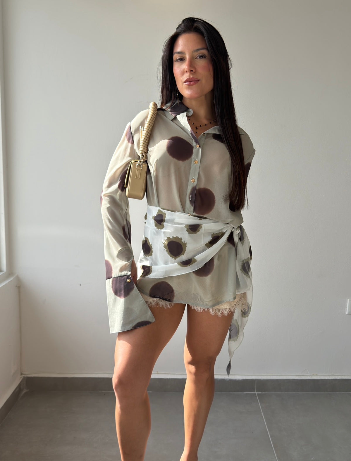Sheer Long Sleeve Top with Scarf