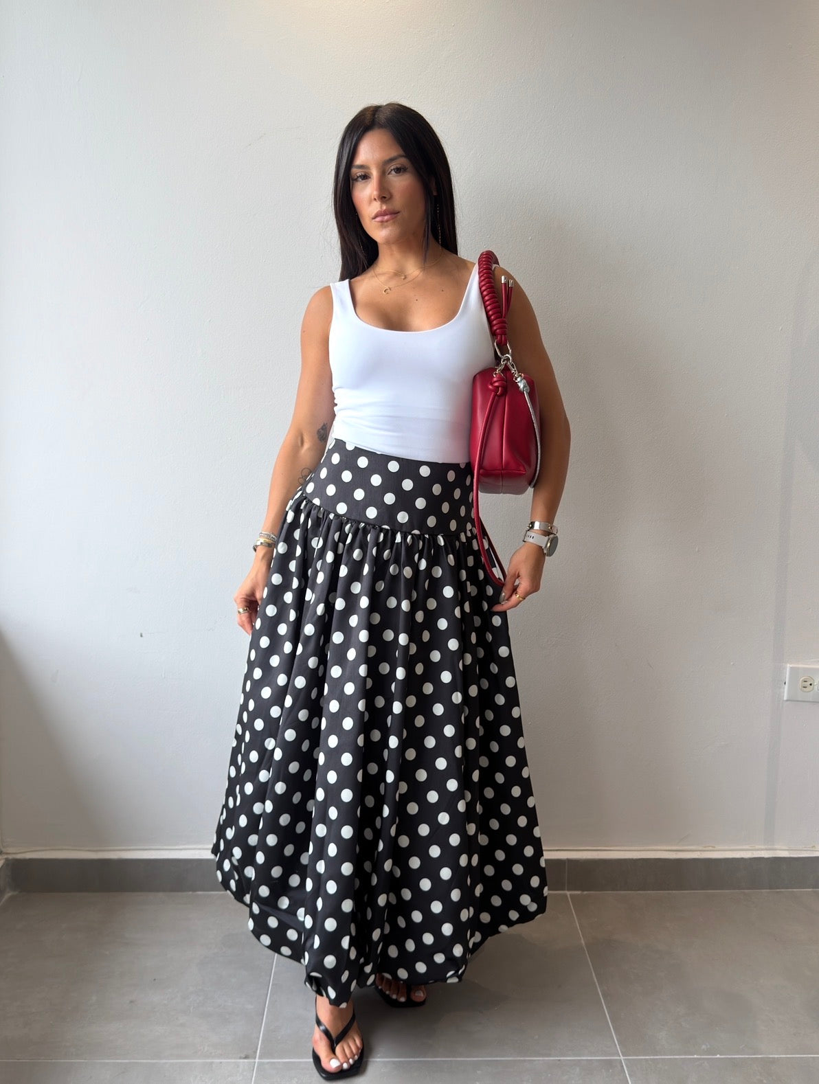 Polka Bubble Midi Skirt (Black)