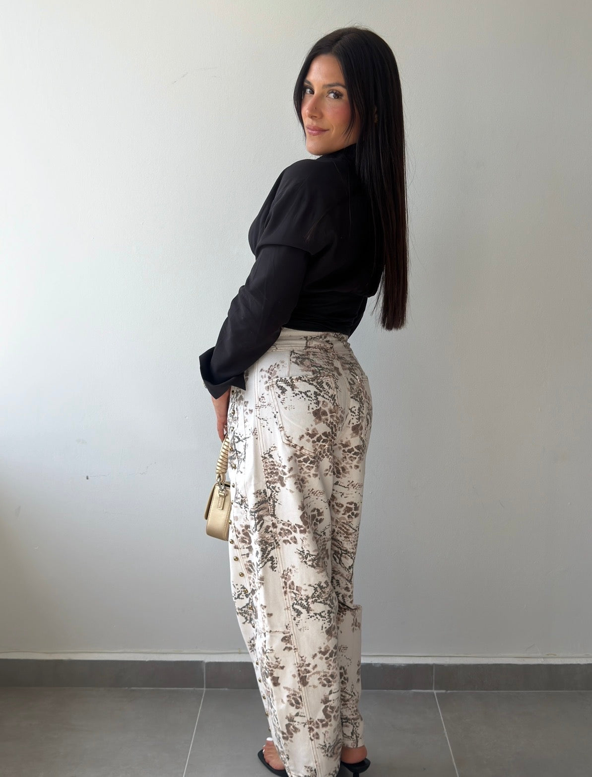 Animal Print Studded Barrel Pants