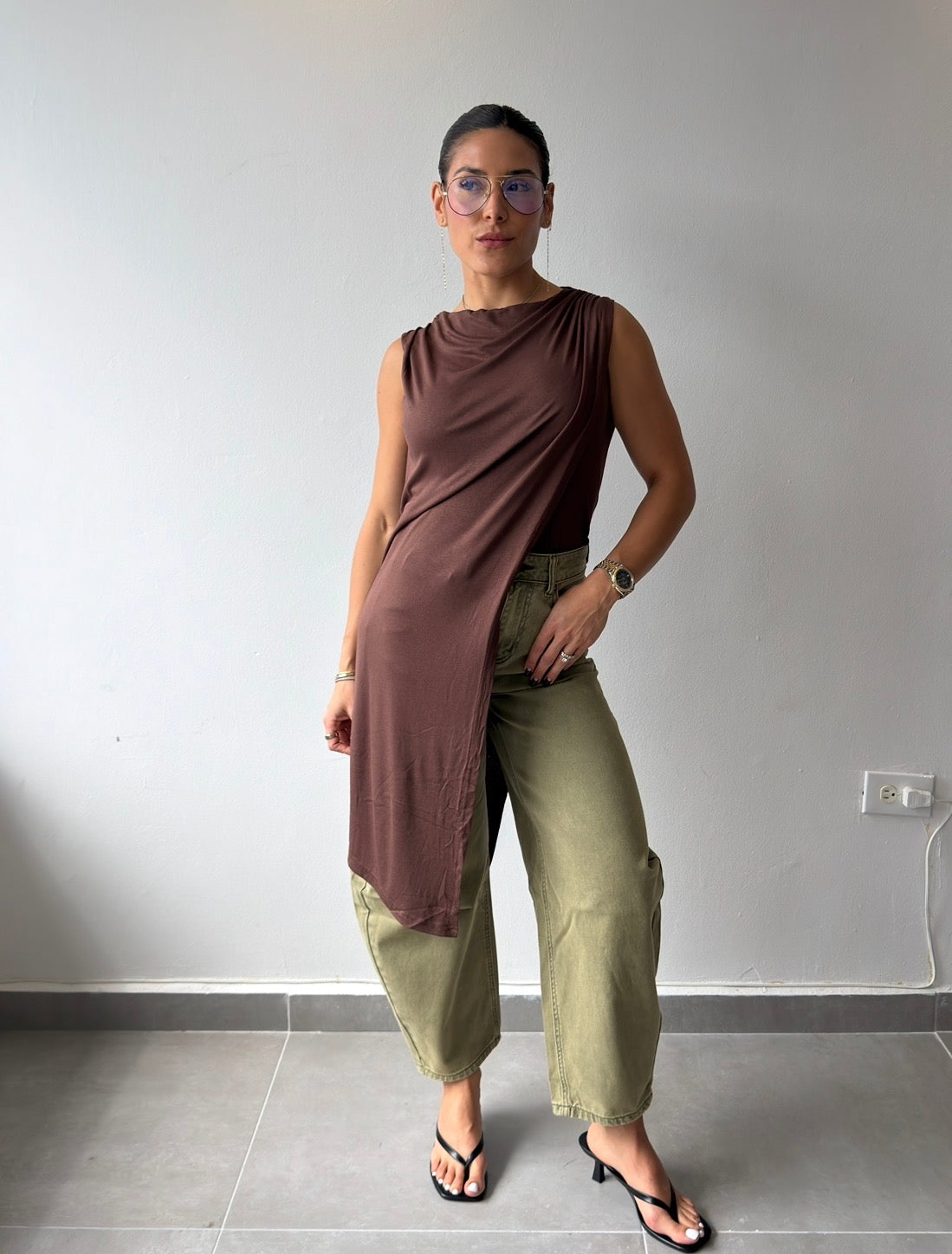 Brown Asymmetric Knit Top