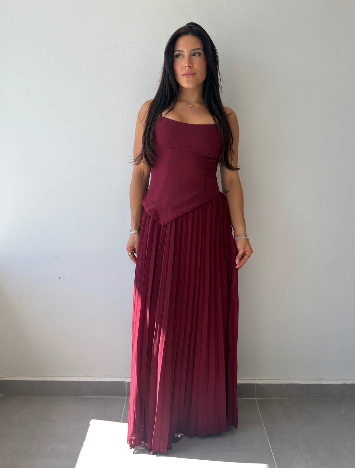 Burgundy Pleated Midi Dress