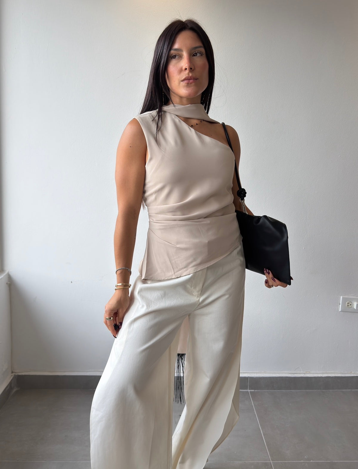 Beige One Shoulder Top