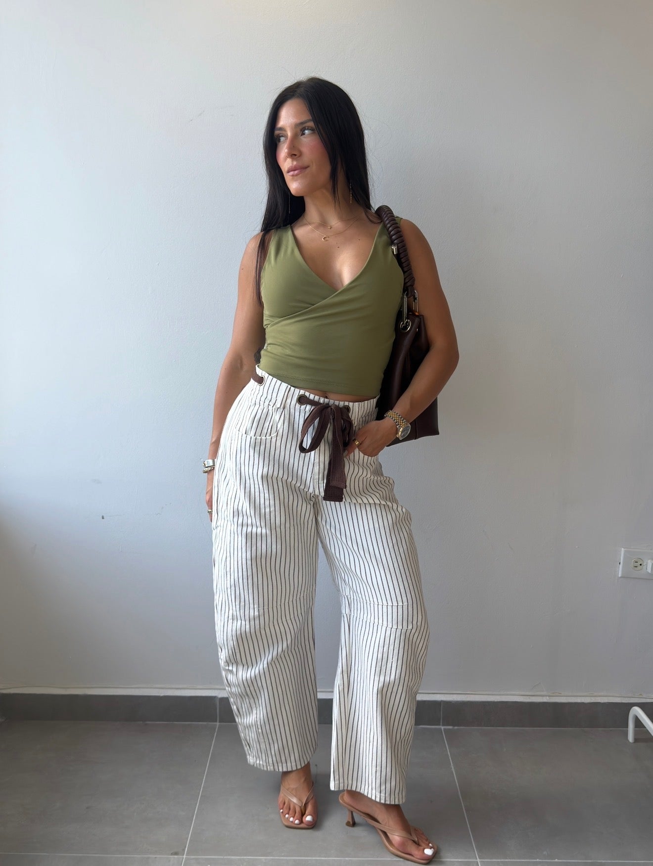 Waist Tie Stripe Barrel Pants