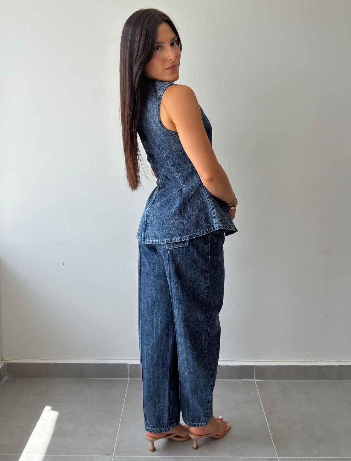 Denim Striped Peplum Top Barrel Jeans Set