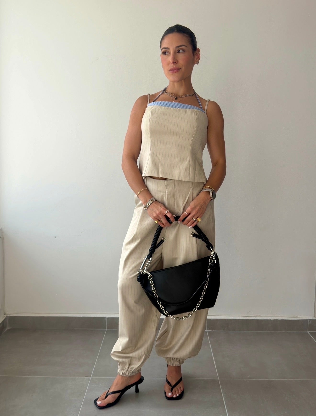 Beige Pinstriped Ballon Pant and Top Set