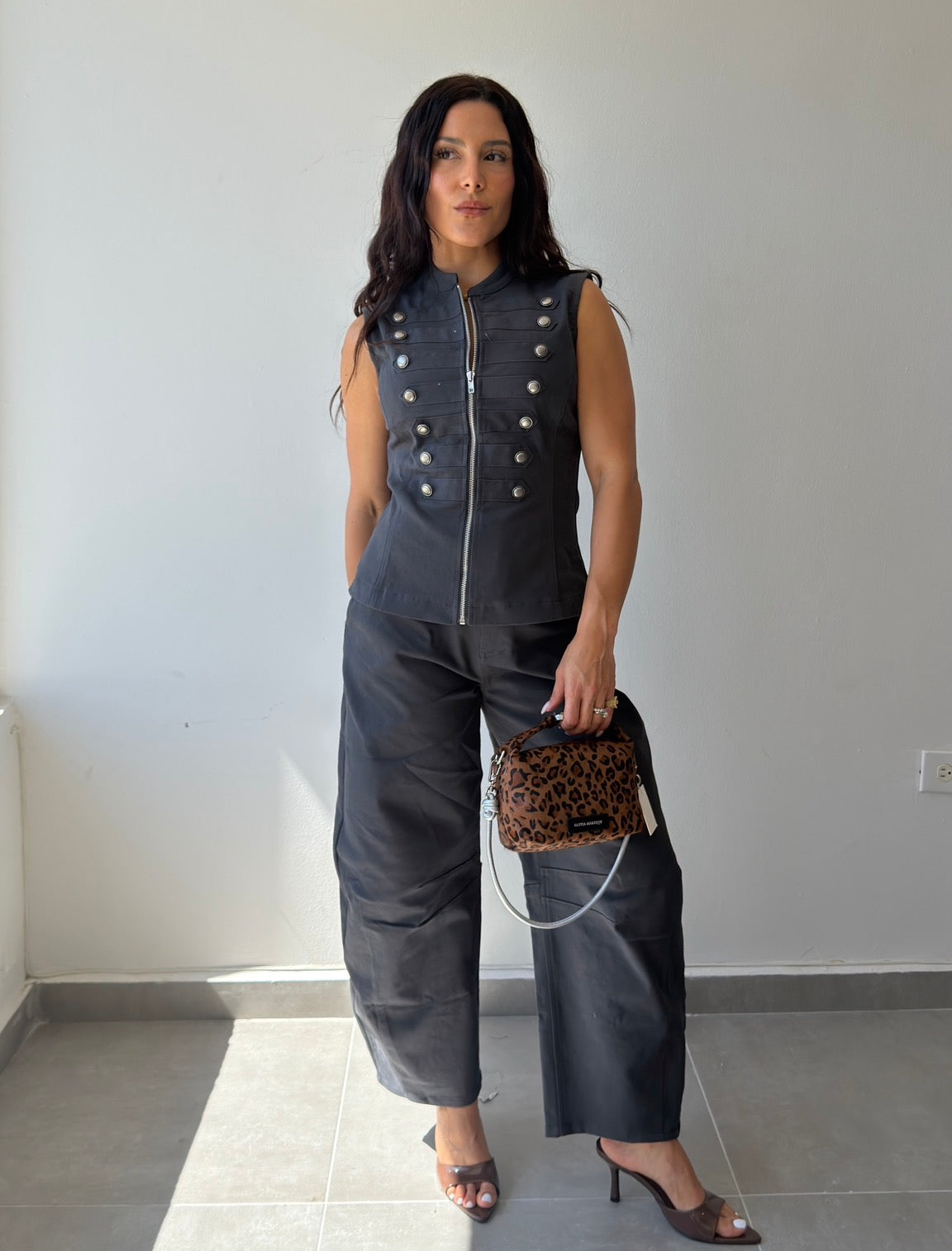 Charcoal Button Detail Denim Set